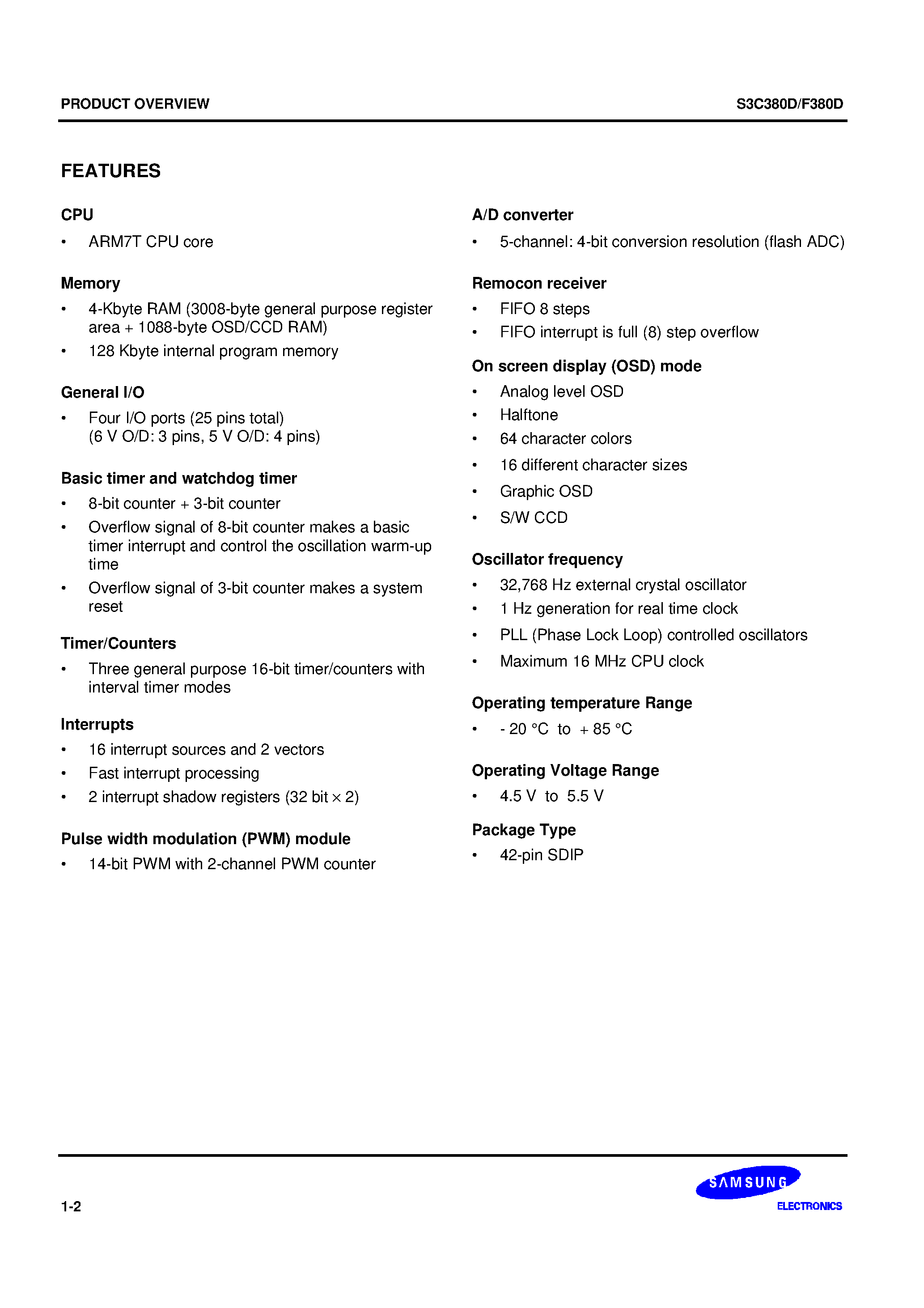 Datasheet S3F380D - Samsung S3C380D 16/32-bit RISC microcontroller is a cost-effective and high-performance microcontroller solution for TV applications. page 2