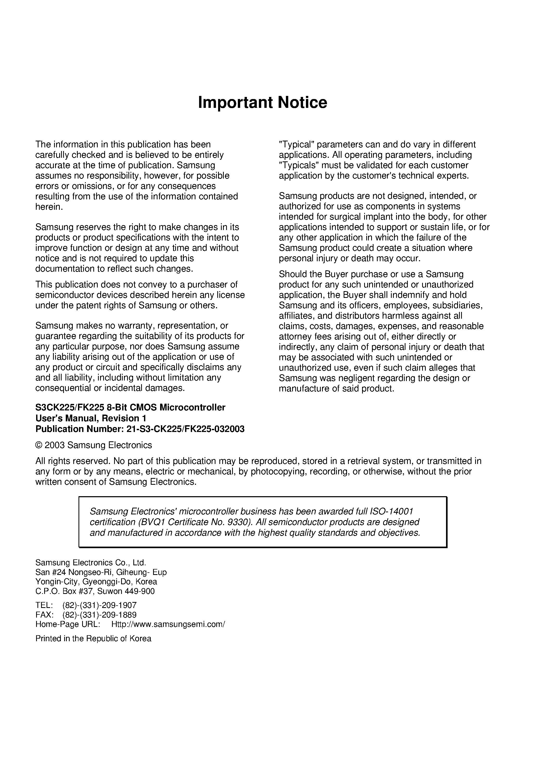 Даташит S3FK225 - CalmRISC 8-Bit CMOS MICROCONTROLLER страница 2