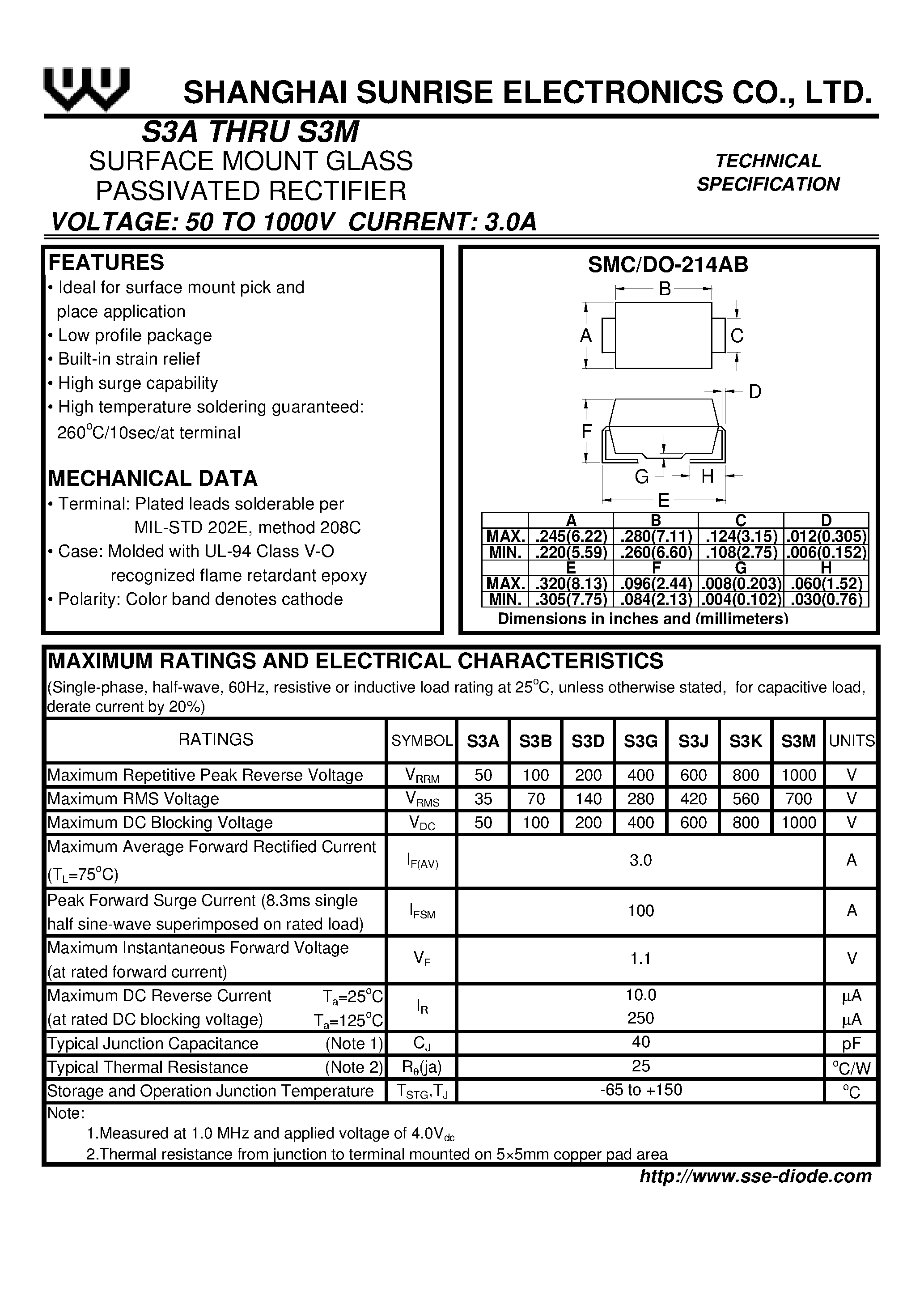 Datasheet S3G page 1 Datasheet S3G - SURFACE MOUNT GLASS PASSIVATED RECTIFIER page 1
