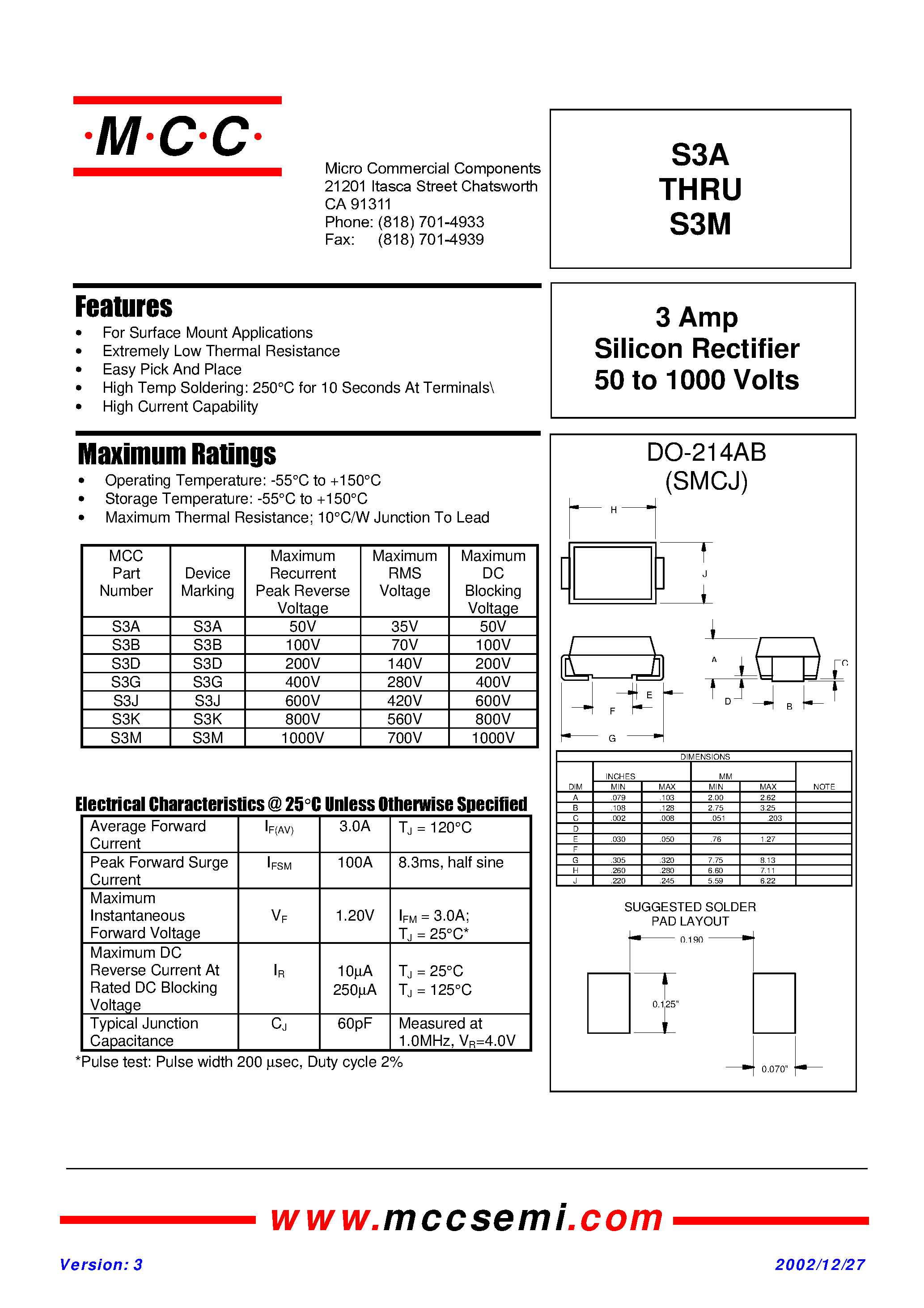 Datasheet S3J - 3 Amp Silicon Rectifier 50 to 1000 Volts page 1