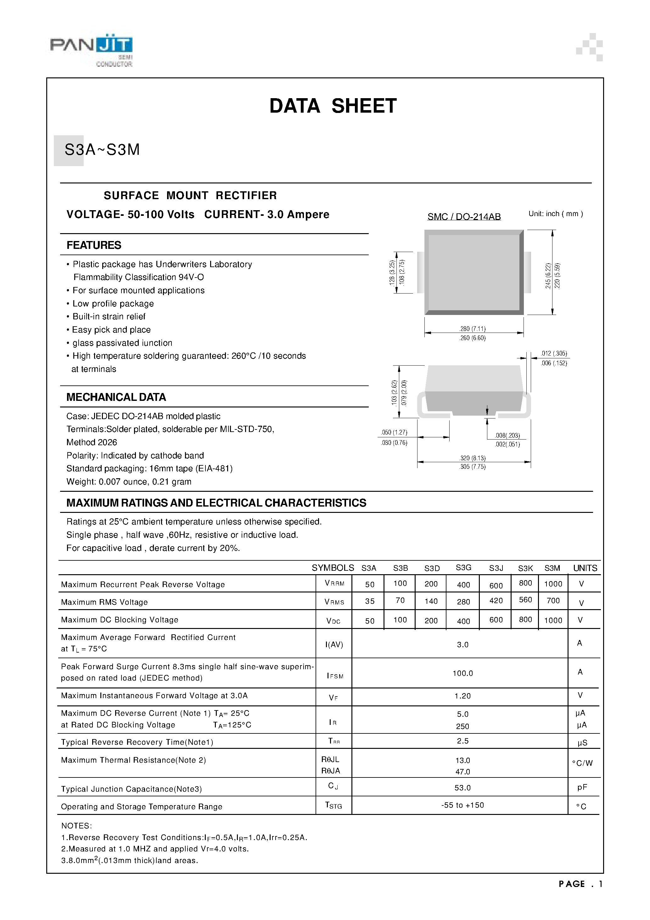 Datasheet S3J - SURFACE MOUNT RECTIFIER(VOLTAGE- 50-100 Volts CURRENT- 3.0 Ampere) page 1
