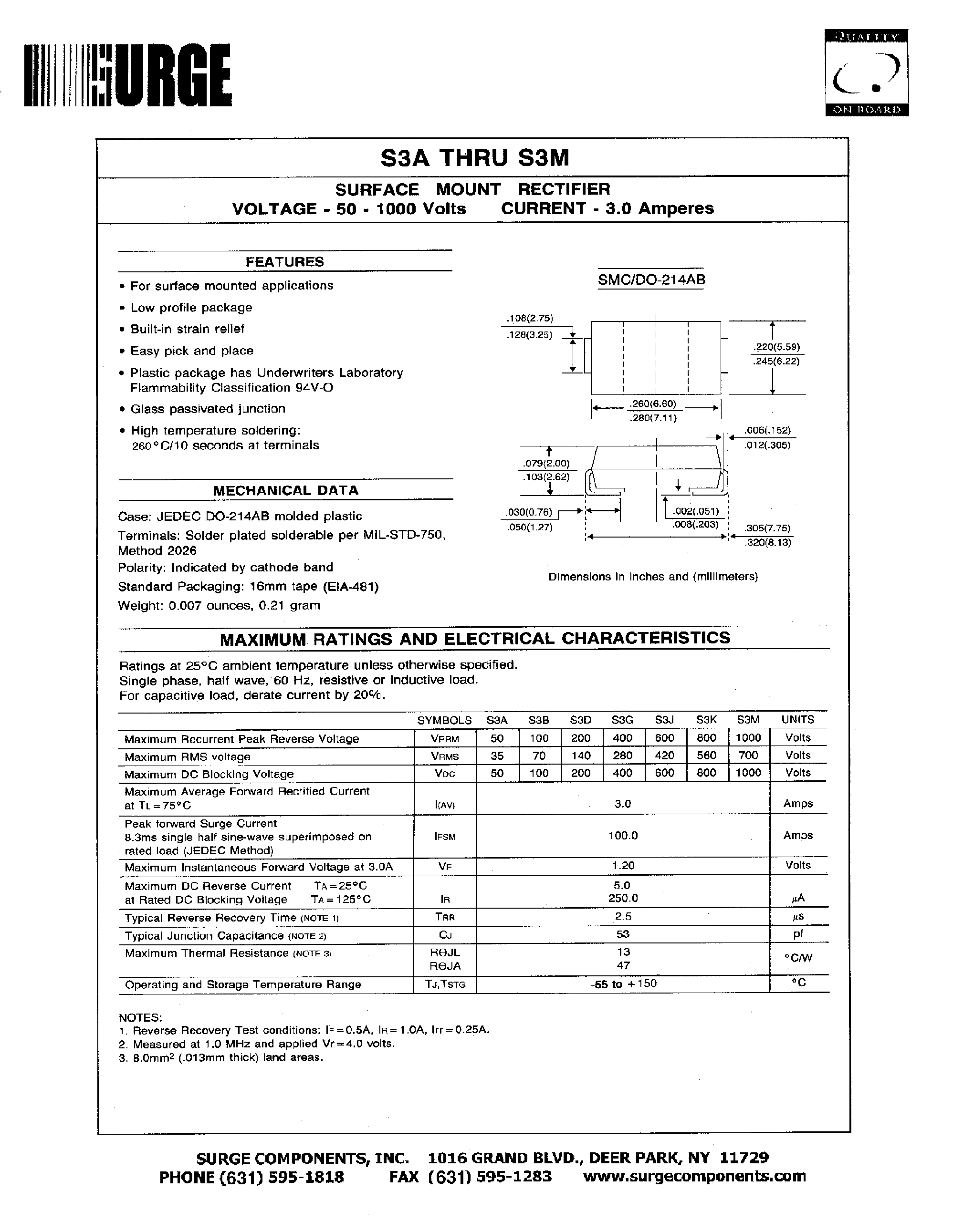 Datasheet S3K - SURFACE MOUNT RECTIFIER VOLTAGE - 50 TO 1000 Volts CURRENT - 3.0 Ampere page 1