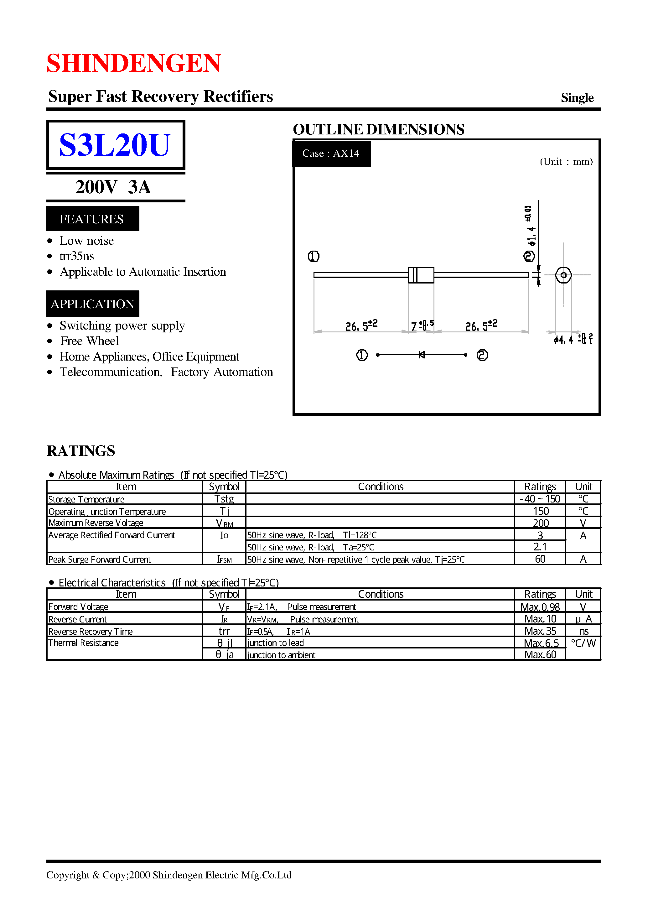 Datasheet S3L20 page 1 Datasheet S3L20 - Super Fast Recovery Rectifiers(200V 3A) page 1
