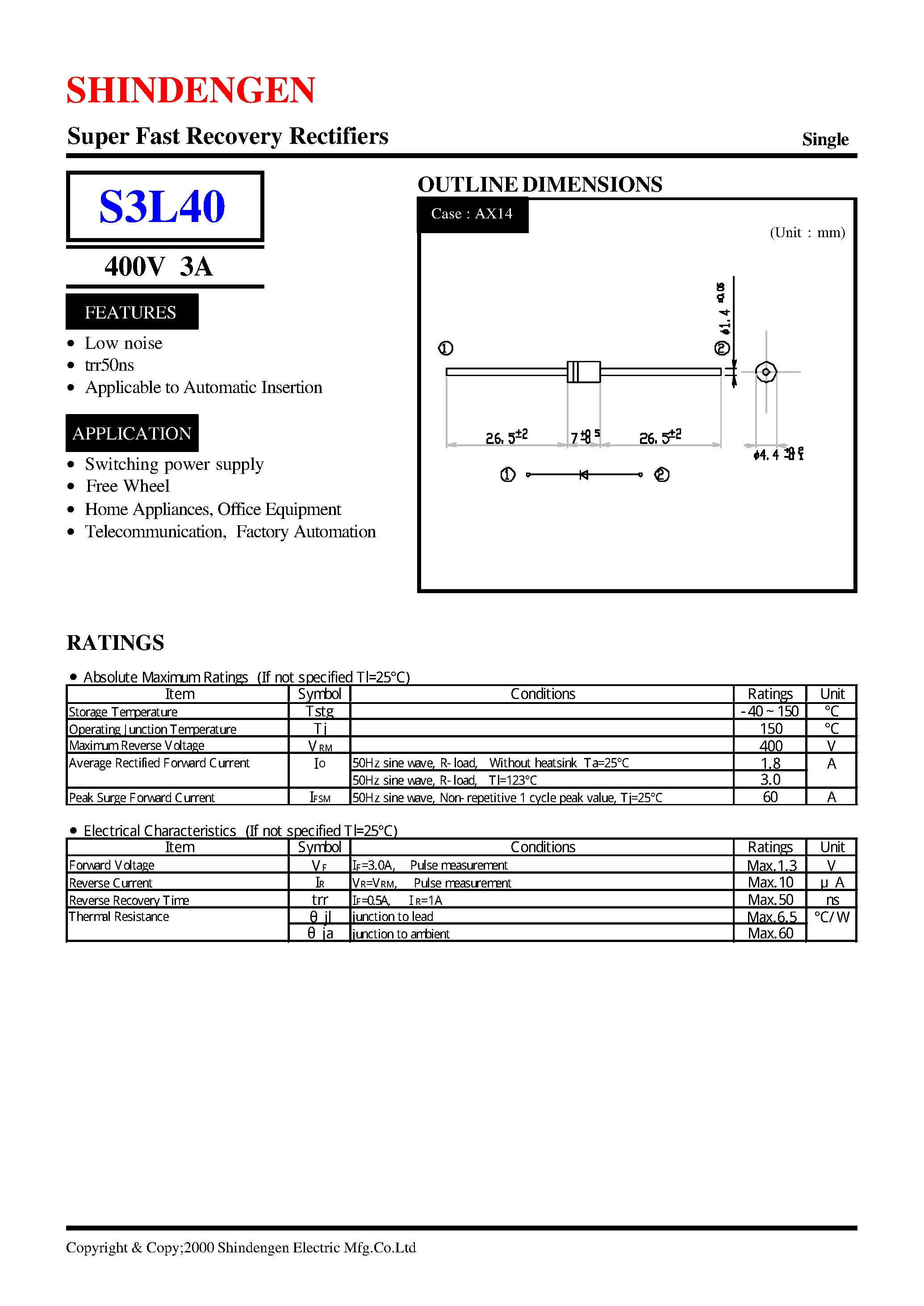 Datasheet S3L40 page 1 Datasheet S3L40 - Super Fast Recovery Rectifiers(400V 3A) page 1