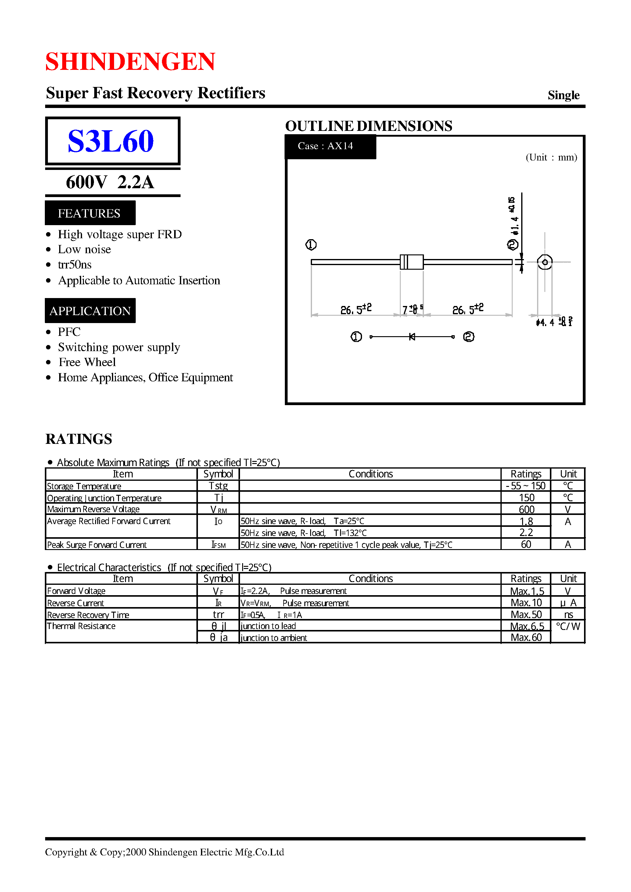 Datasheet S3L60 - Super Fast Recovery Rectifiers(600V 2.2A) page 1