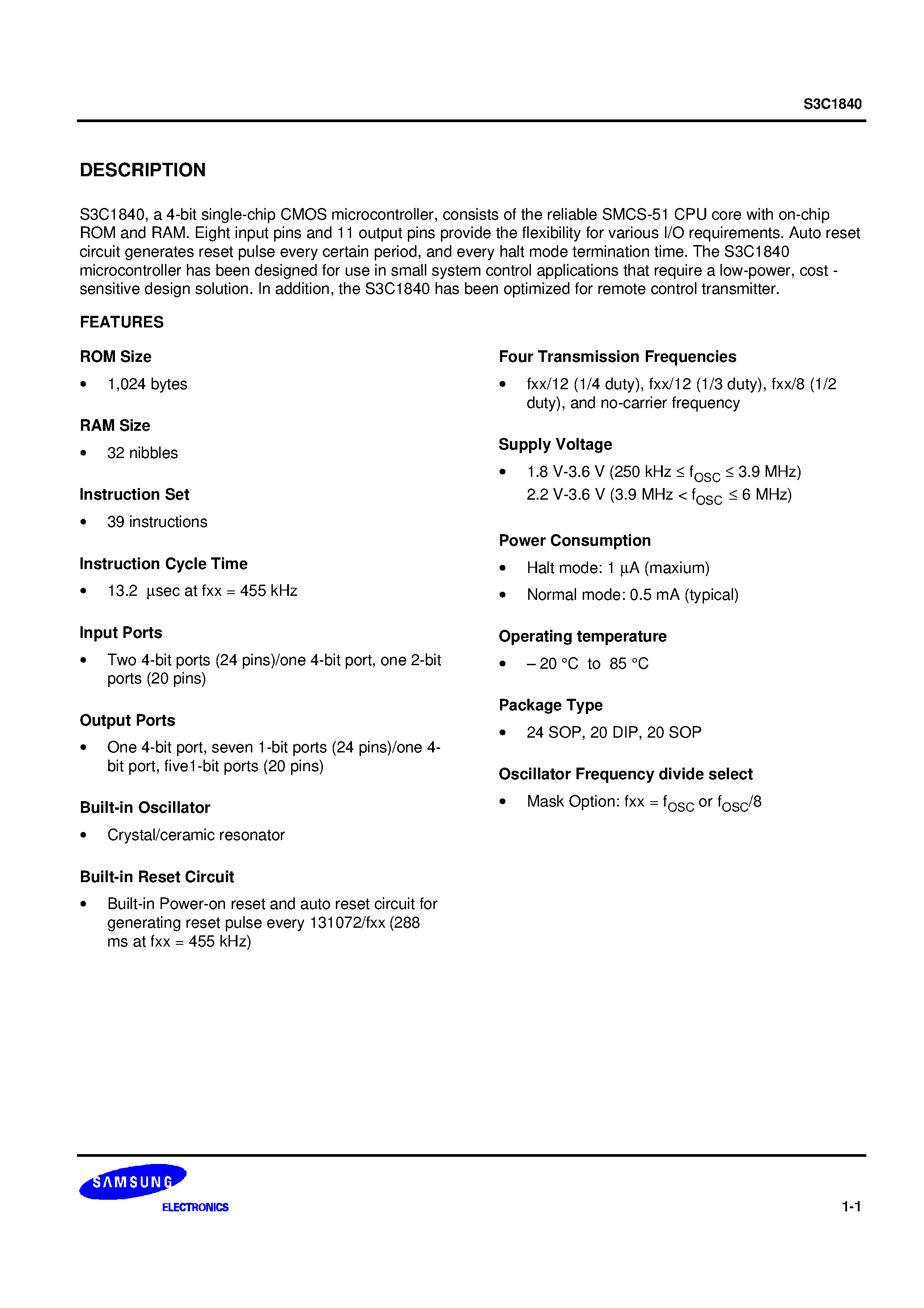 Datasheet S3P1860 - 4-bit single-chip CMOS microcontroller page 2