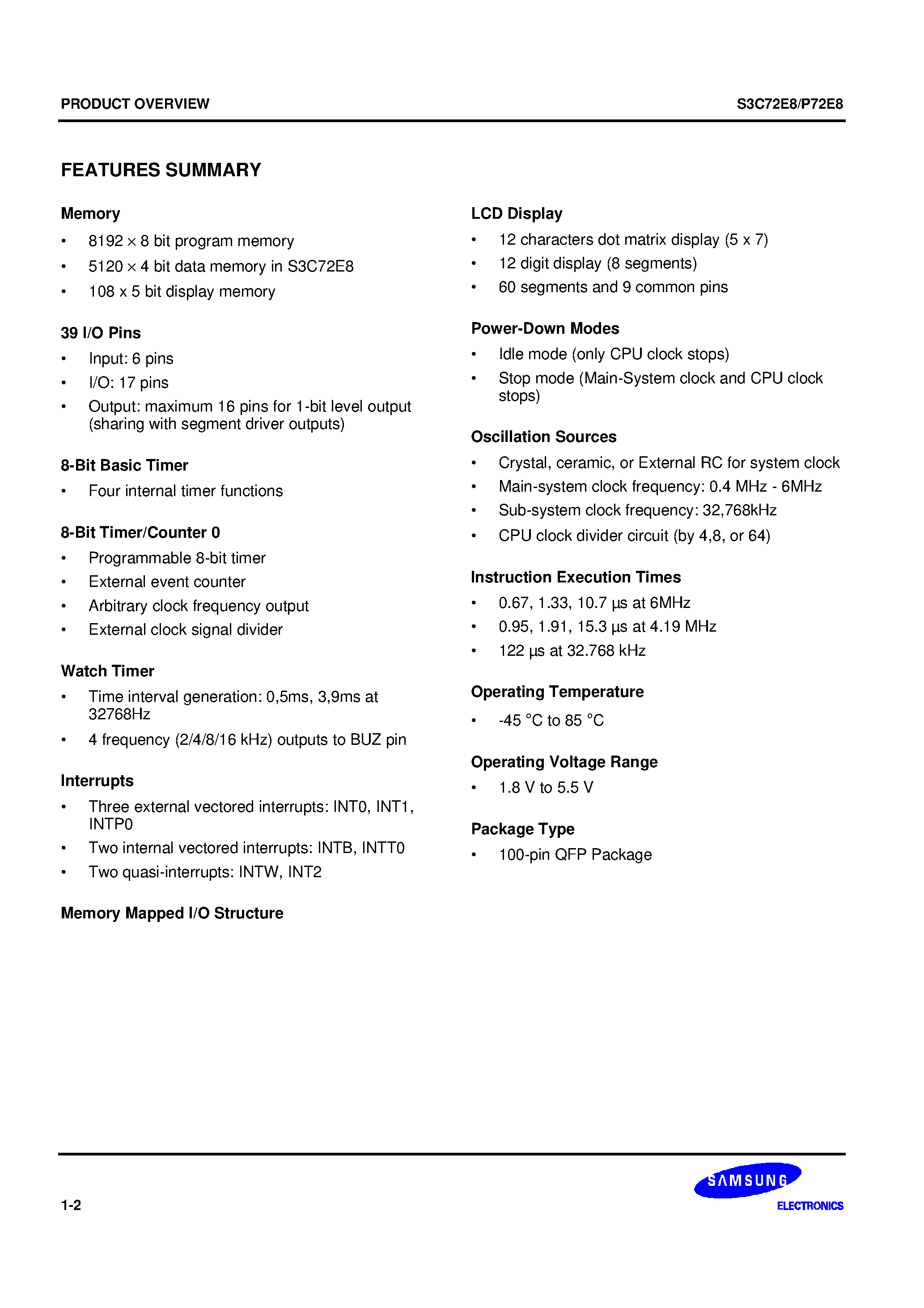 Datasheet S3P72E8 - The S3C72E8/P72E8 is a SAM47 core-based 4-bit CMOS single-chip microcontroller. It has a timer/counter and LCD drivers. page 2