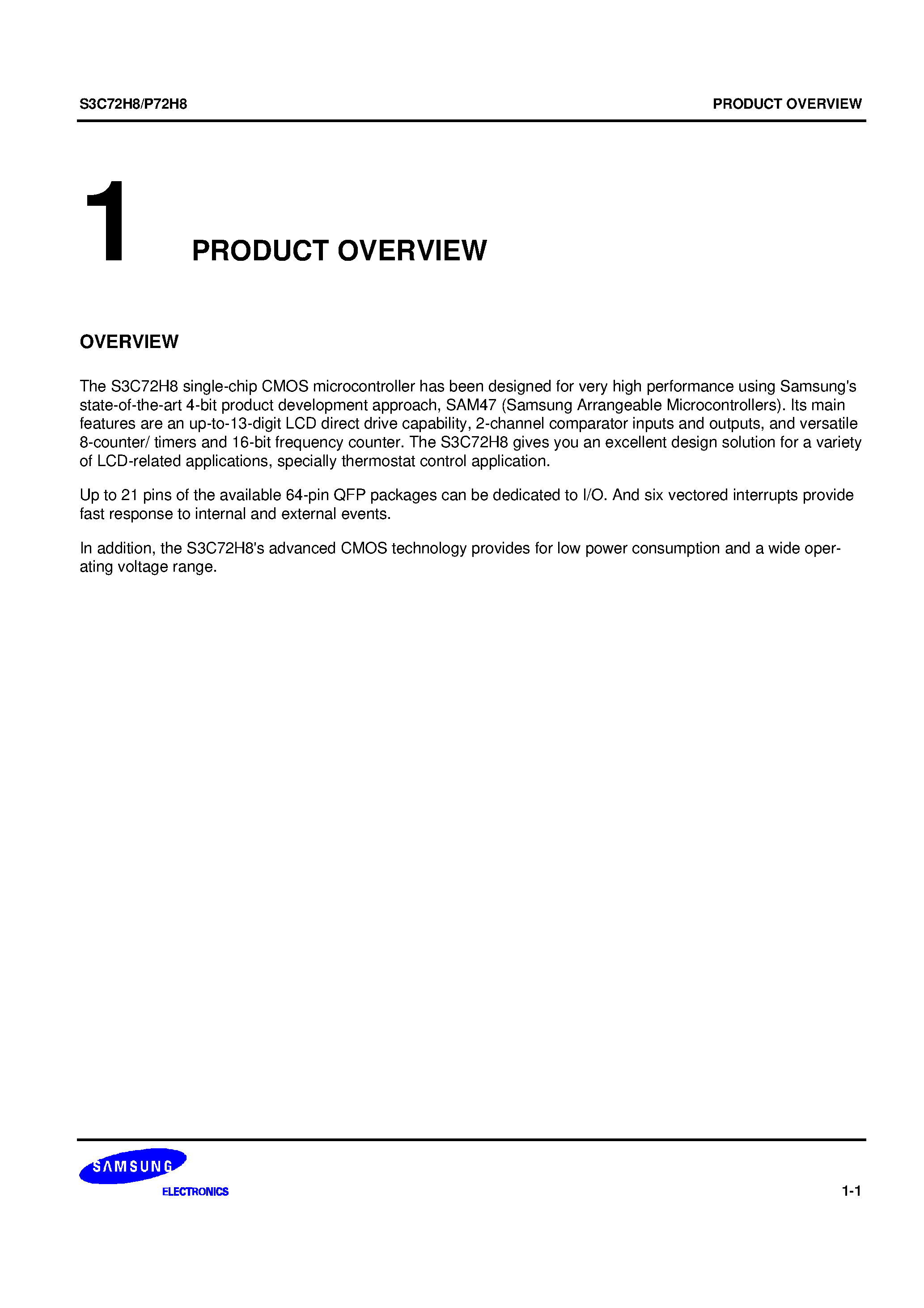 Datasheet S3P72H8 - The S3C72H8 single-chip CMOS microcontroller has been designed for very high performance using Samsungs state-of-the-art 4-bit product development app page 1