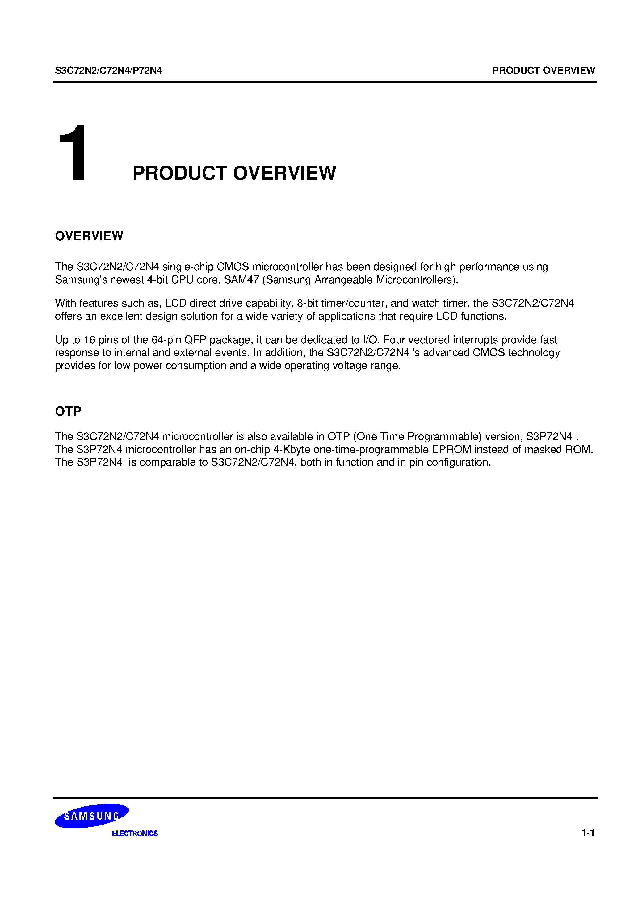 Datasheet S3P72N4 - The S3C72N2/C72N4 single-chip CMOS microcontroller has been designed for high performance using Samsungs newest 4-bit CPU core/ SAM47 (Samsung Arrange page 1