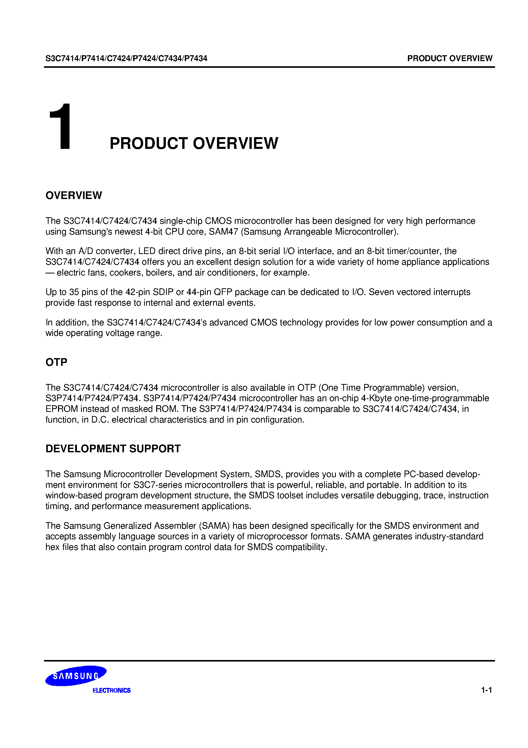 Datasheet S3P7424 - The S3C7414/C7424/C7434 single-chip CMOS microcontroller has been designed for very high performance using Samsungs newest 4-bit CPU core/ SAM47 page 1