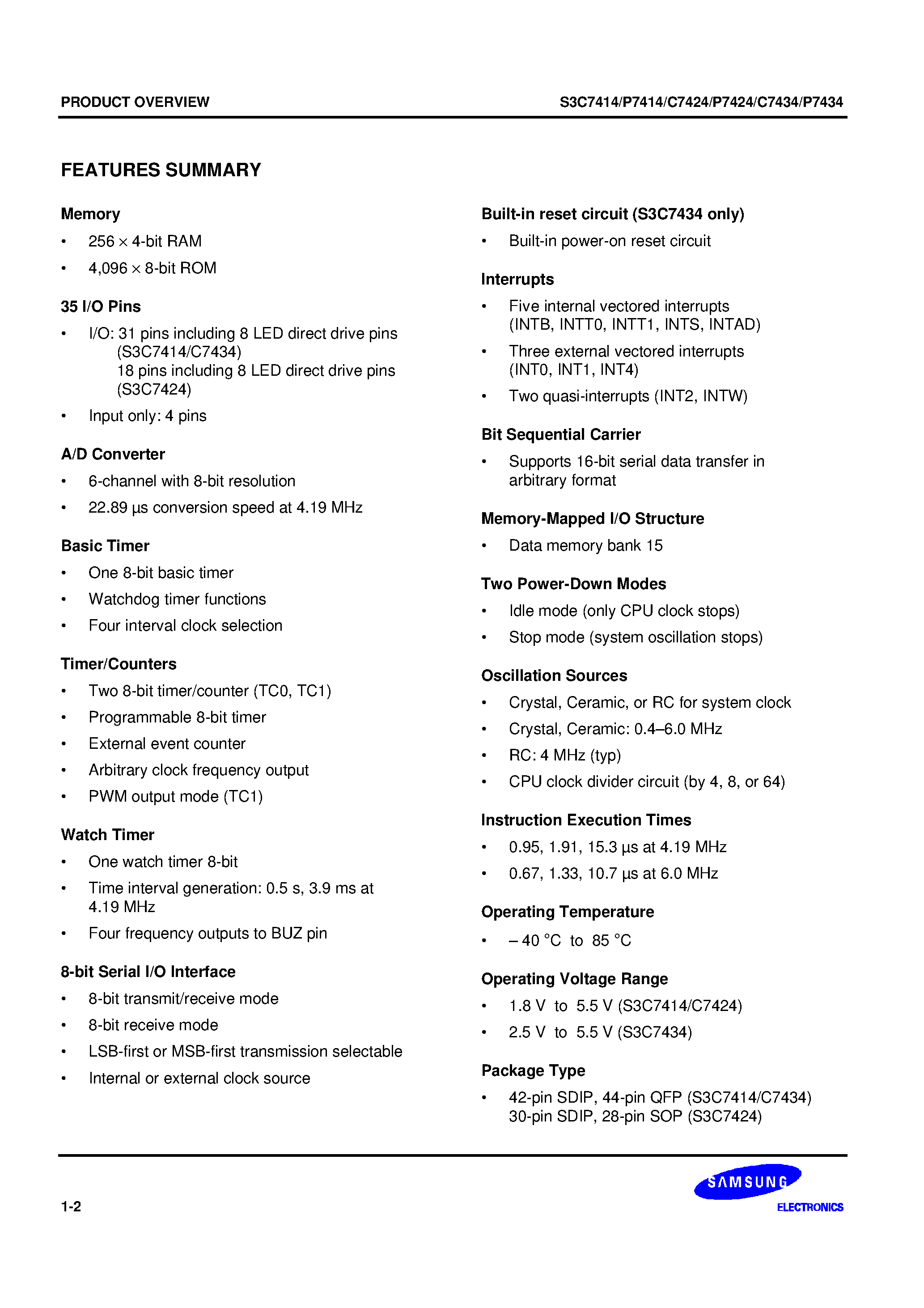 Datasheet S3P7434 - The S3C7414/C7424/C7434 single-chip CMOS microcontroller has been designed for very high performance using Samsungs newest 4-bit CPU core/ SAM47 page 2
