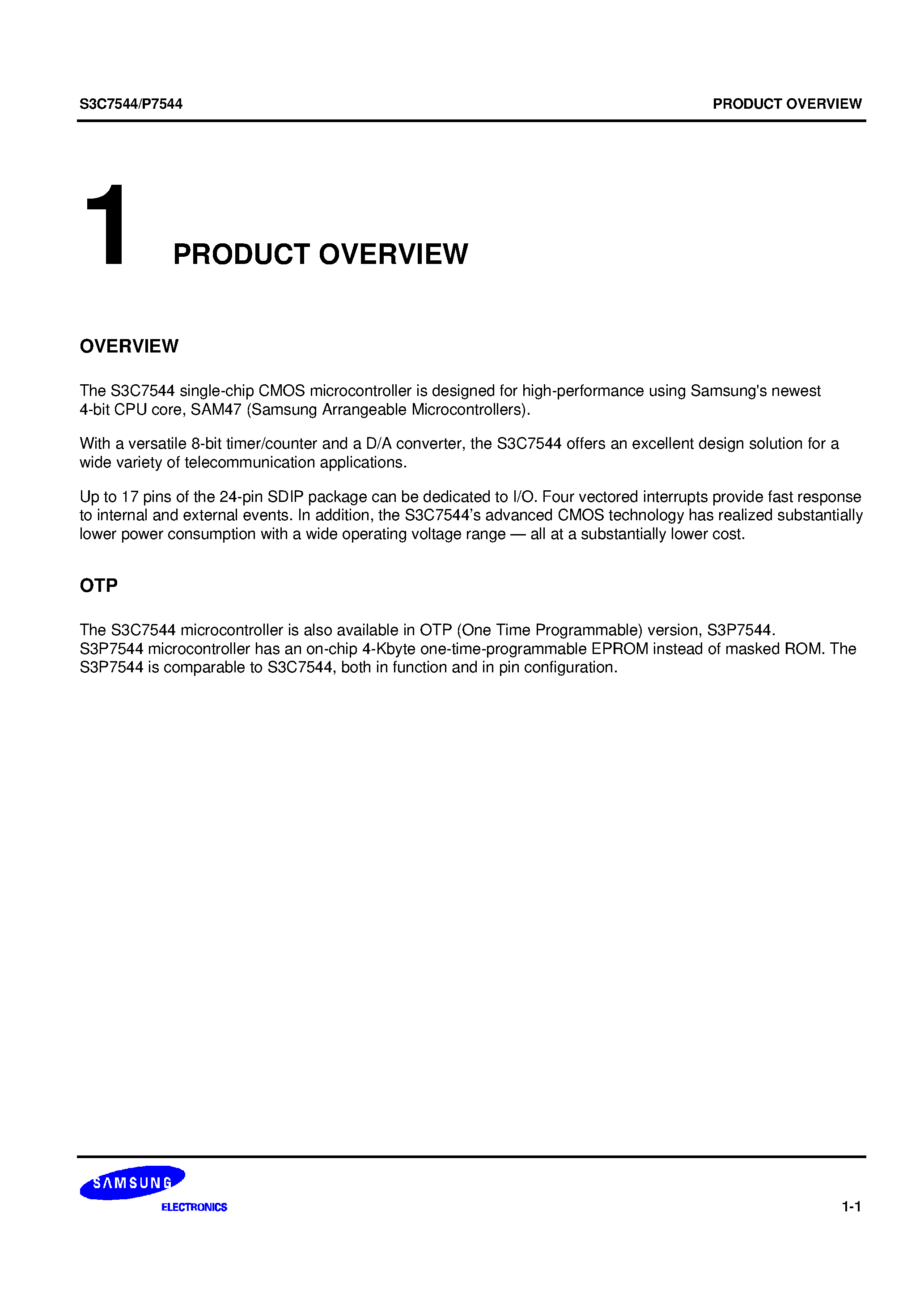 Datasheet S3P7544 - Single-chip CMOS microcontroller/ 512 x 4-bit RAM/ 4096 x 8-bit ROM page 1