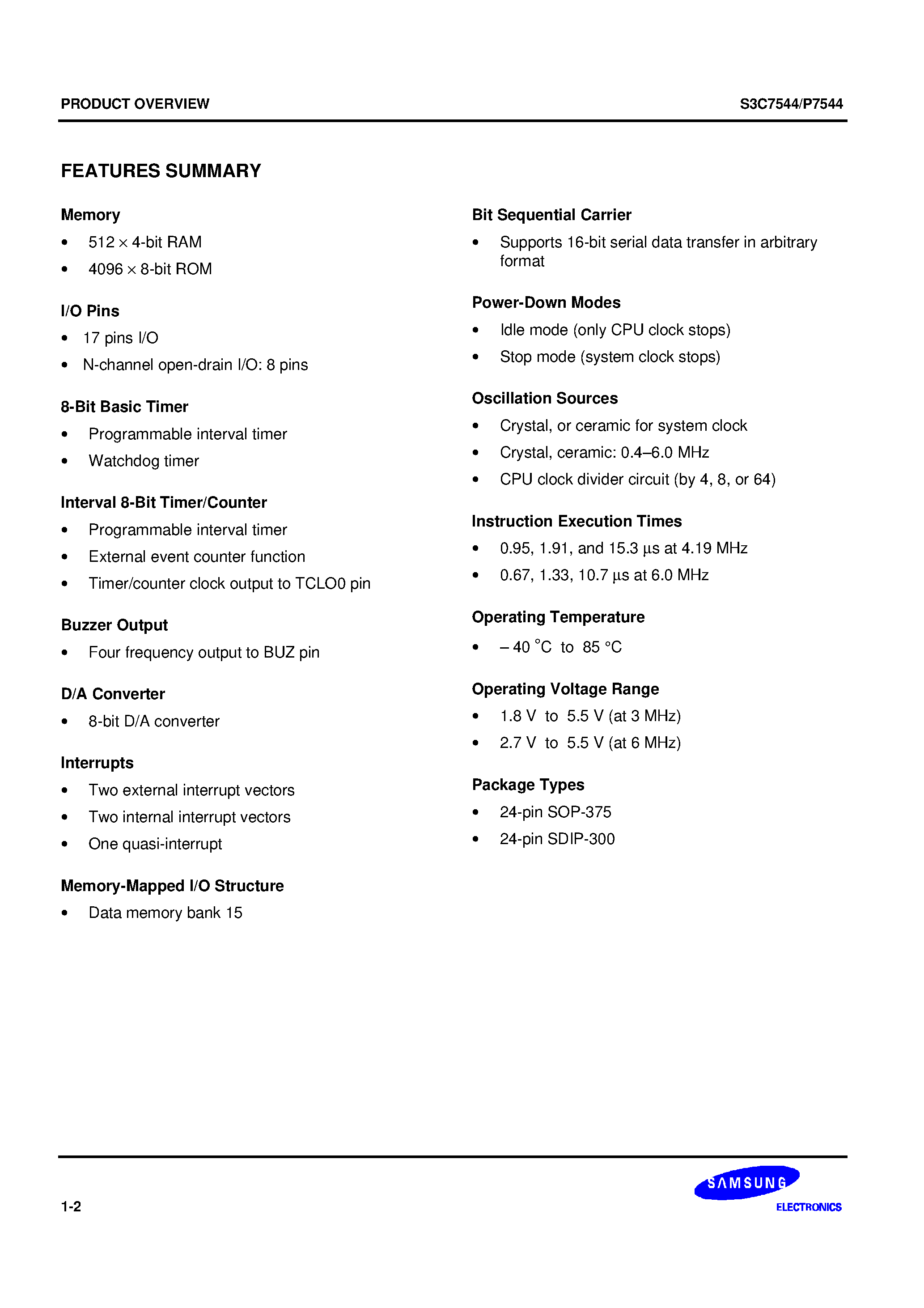 Datasheet S3P7544 - Single-chip CMOS microcontroller/ 512 x 4-bit RAM/ 4096 x 8-bit ROM page 2