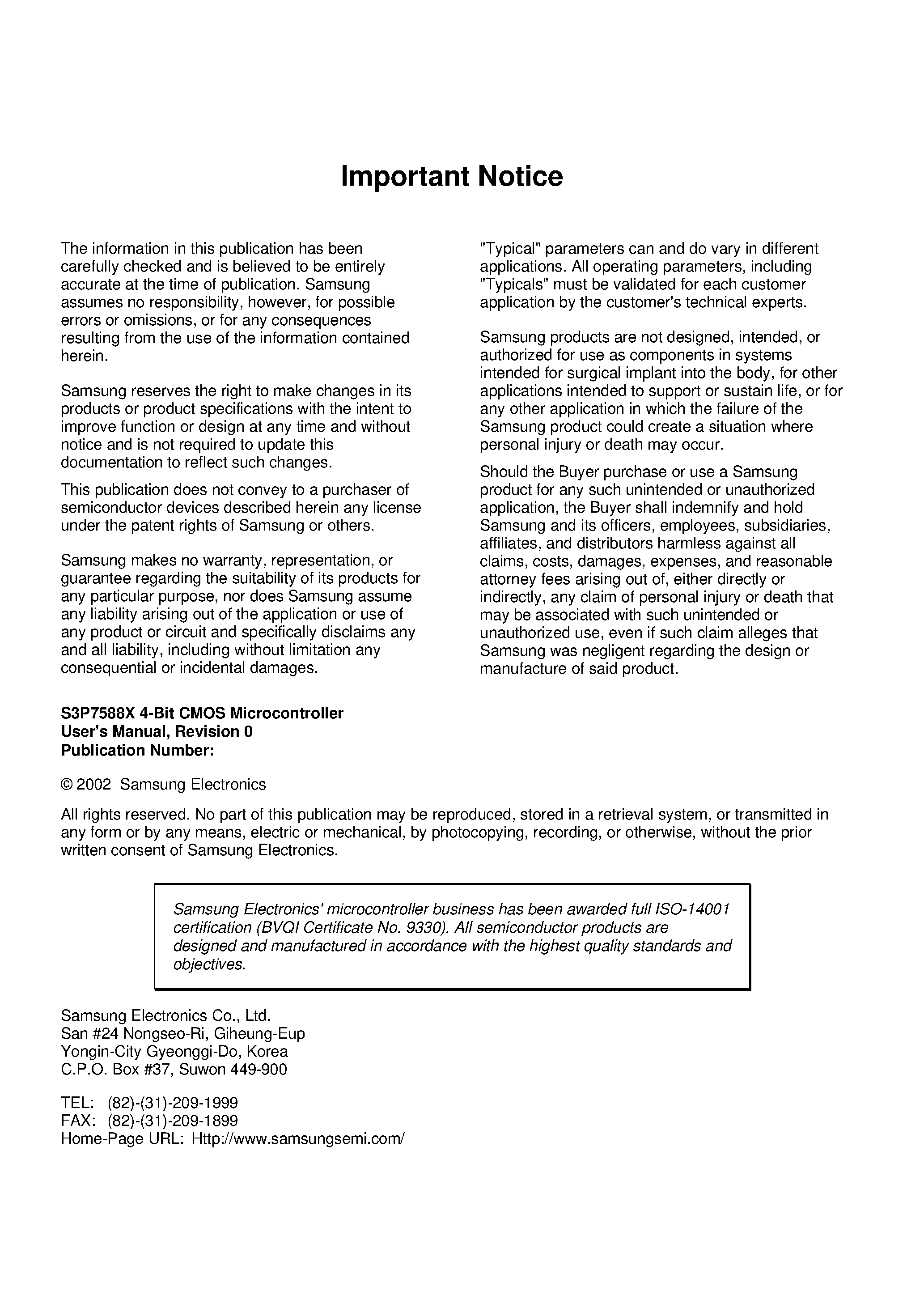Datasheet S3P7588X - 4-BIT RISC MICROPROCESSOR page 2
