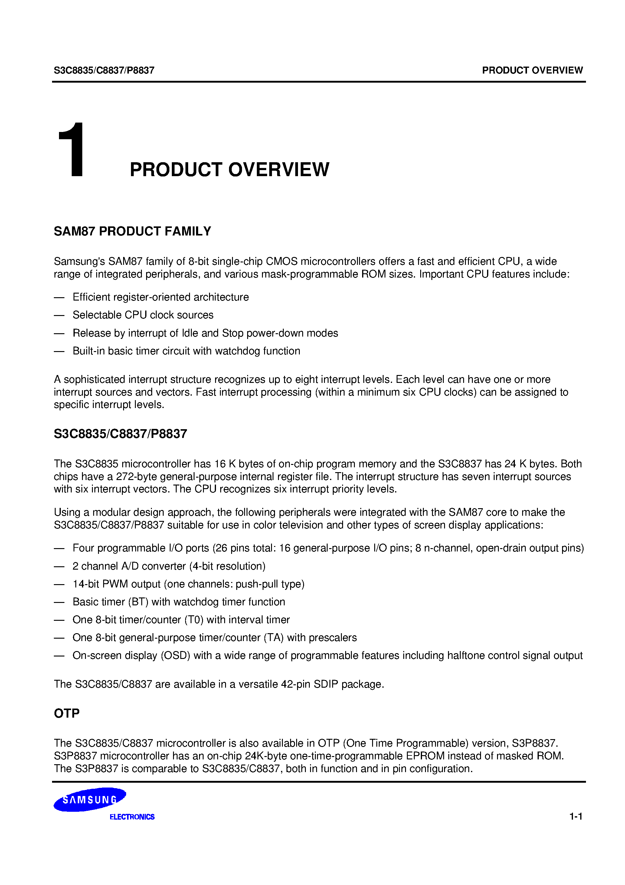 Даташит S3P8837 - SAM87 family of 8-bit single-chip CMOS microcontrollers страница 1