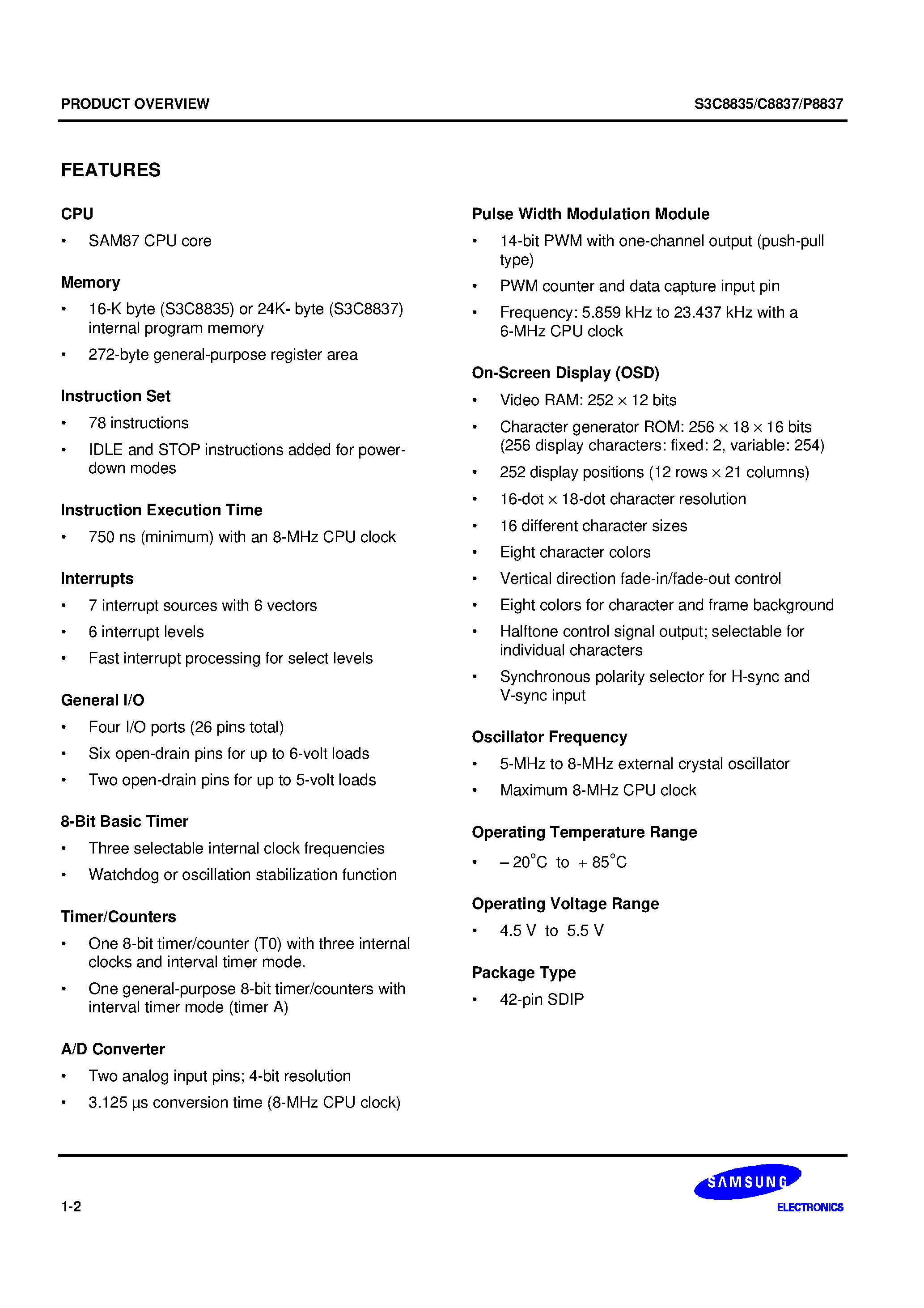 Даташит S3P8837 - SAM87 family of 8-bit single-chip CMOS microcontrollers страница 2