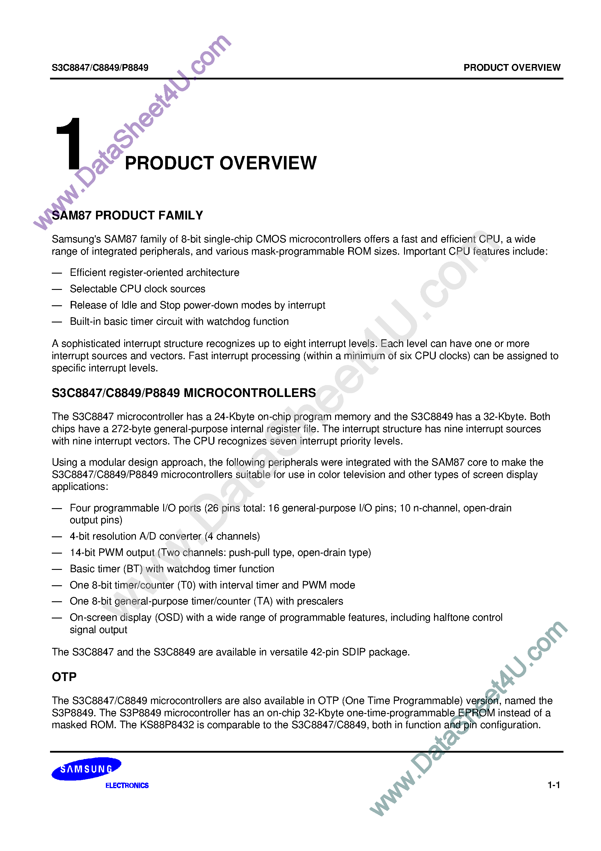 Даташит S3P8849 - SAM87 family of 8-bit single-chip CMOS microcontrollers страница 1