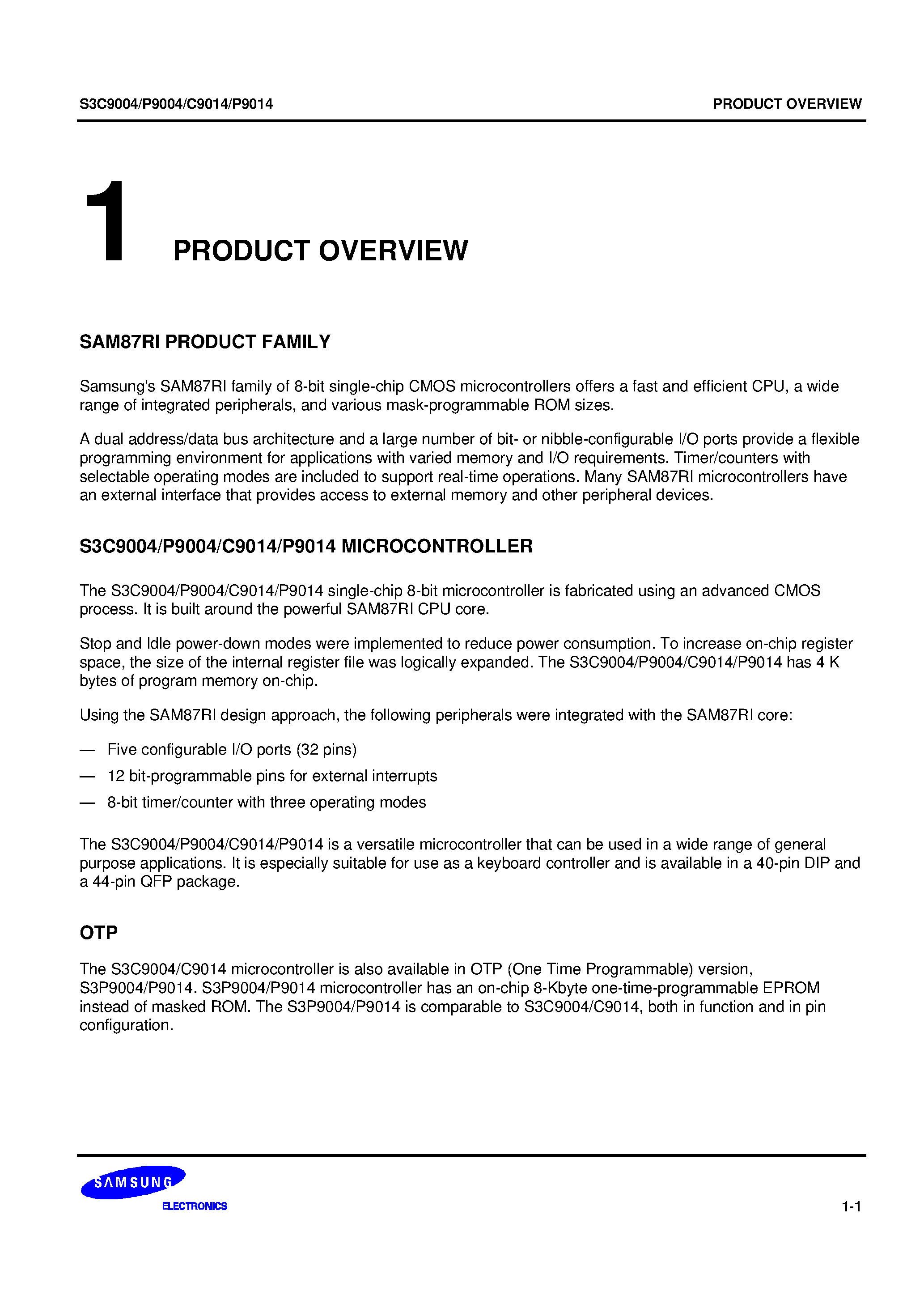 Даташит S3P9004 - SAM87RI family of 8-bit single-chip CMOS microcontrollers страница 1