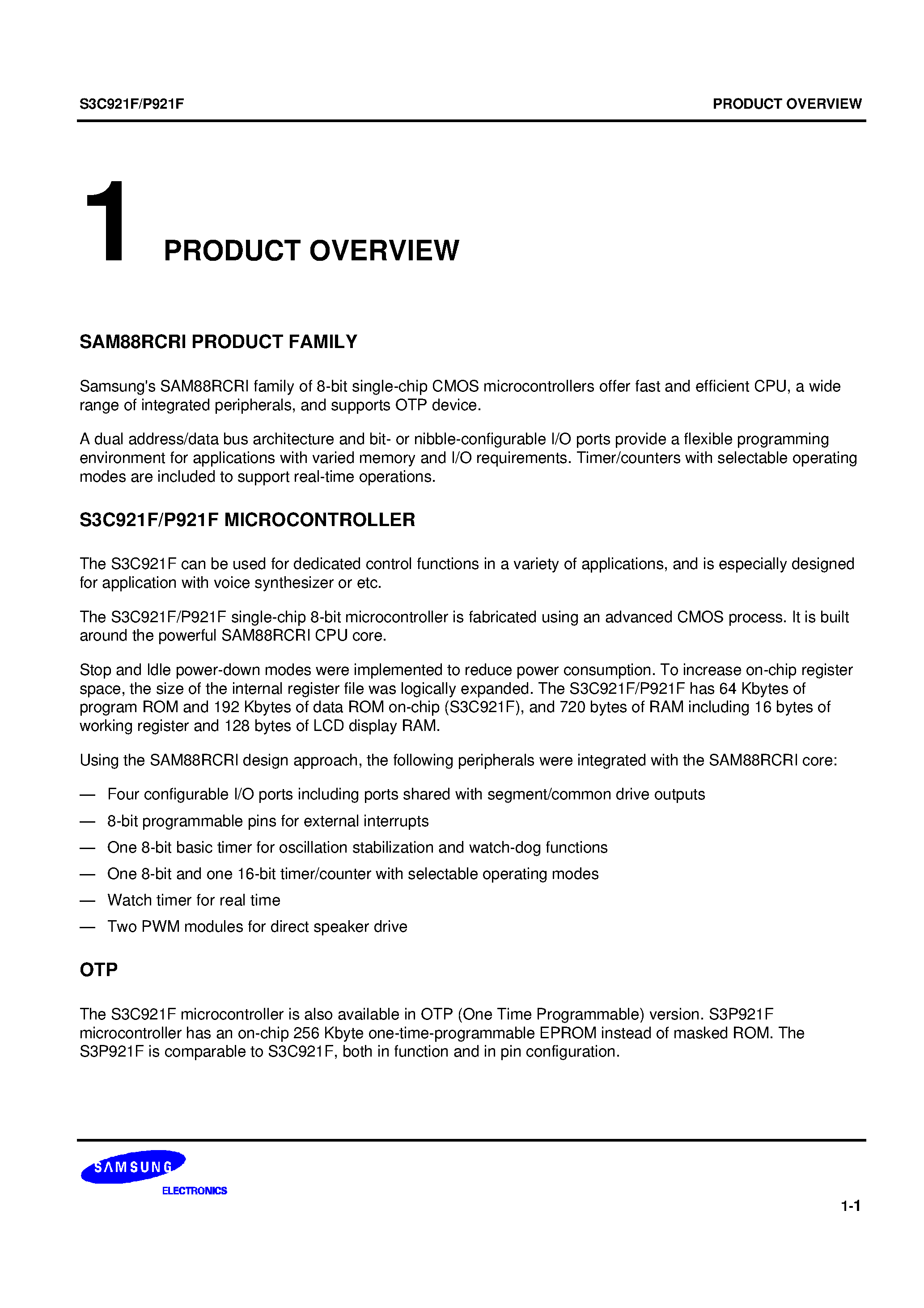 Даташит S3P921F - SAM88RCRI family of 8-bit single-chip CMOS microcontrollers страница 1