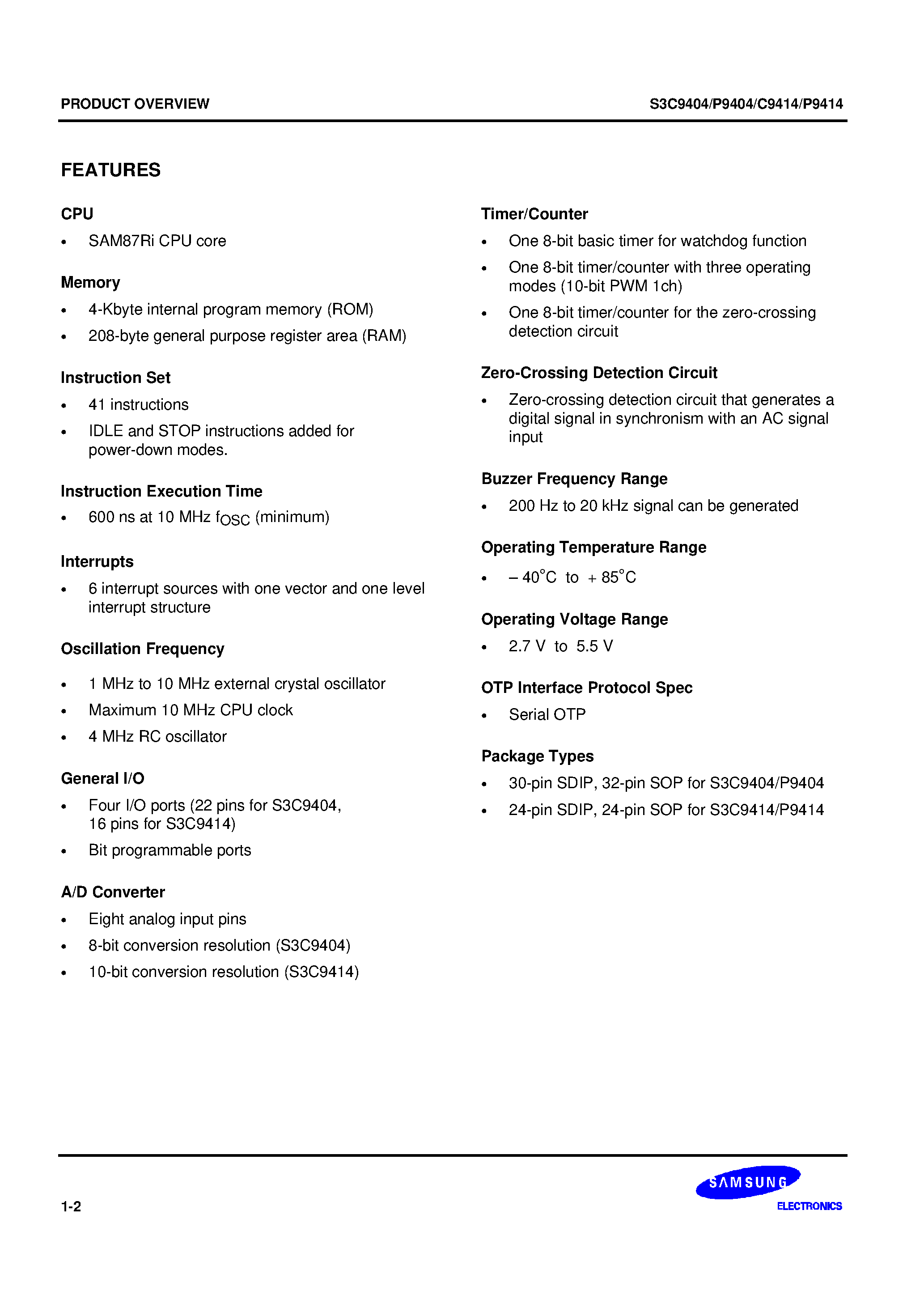 Даташит S3P9404 - SAM87Ri family of 8-bit single-chip CMOS microcontrollers страница 2