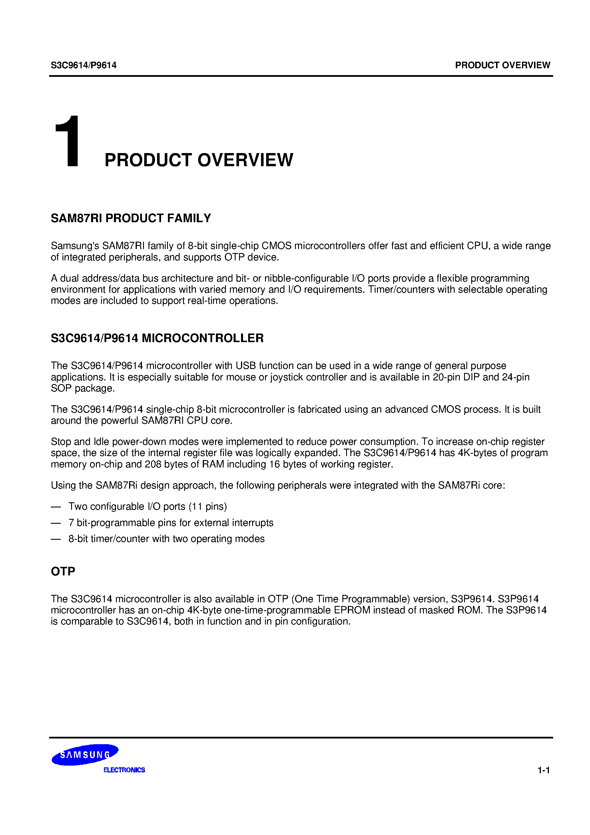 Даташит S3P9614 - SAM87RI family of 8-bit single-chip CMOS microcontrollers страница 1