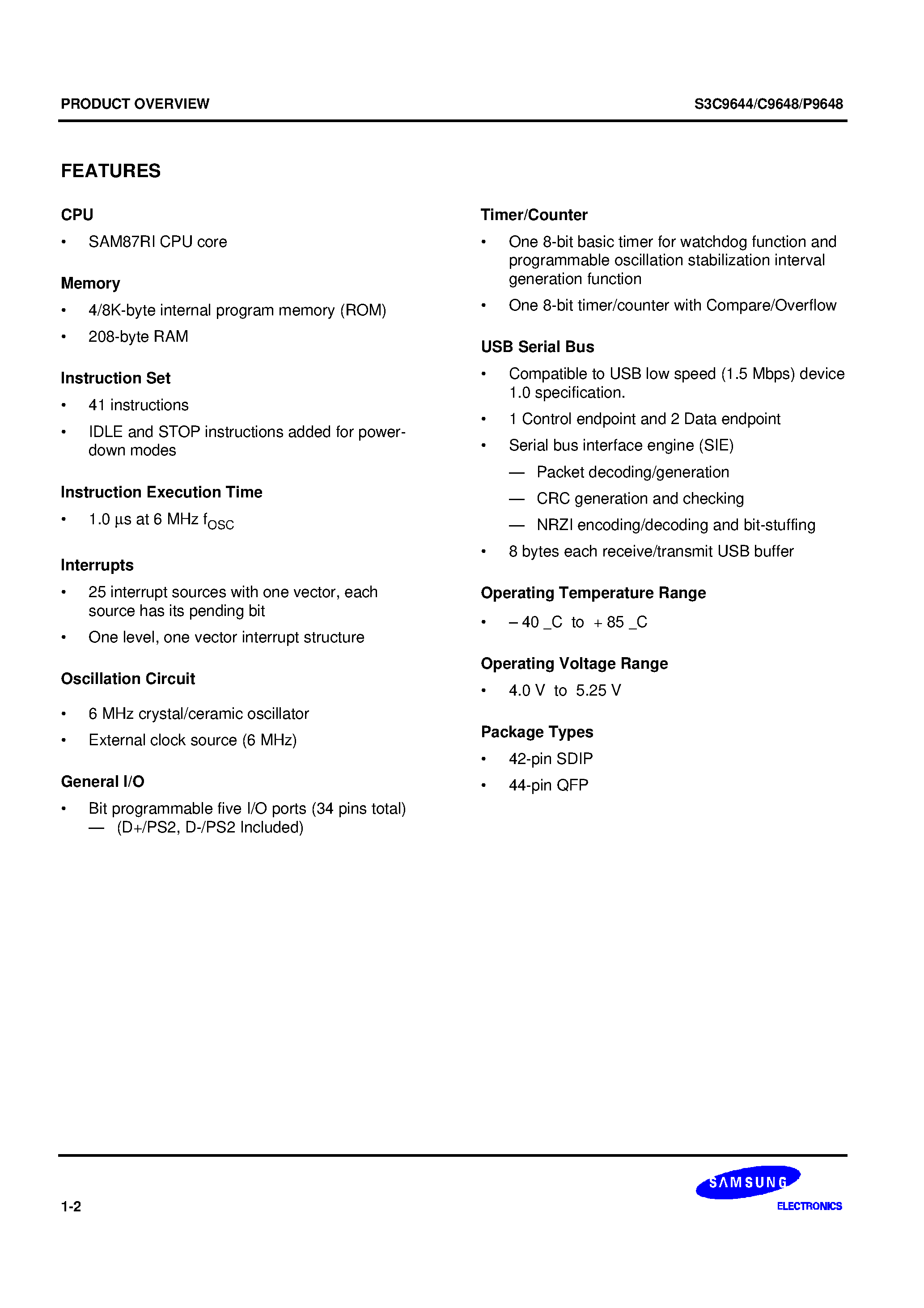 Даташит S3P9648 - SAM87RI family of 8-bit single-chip CMOS microcontrollers страница 2