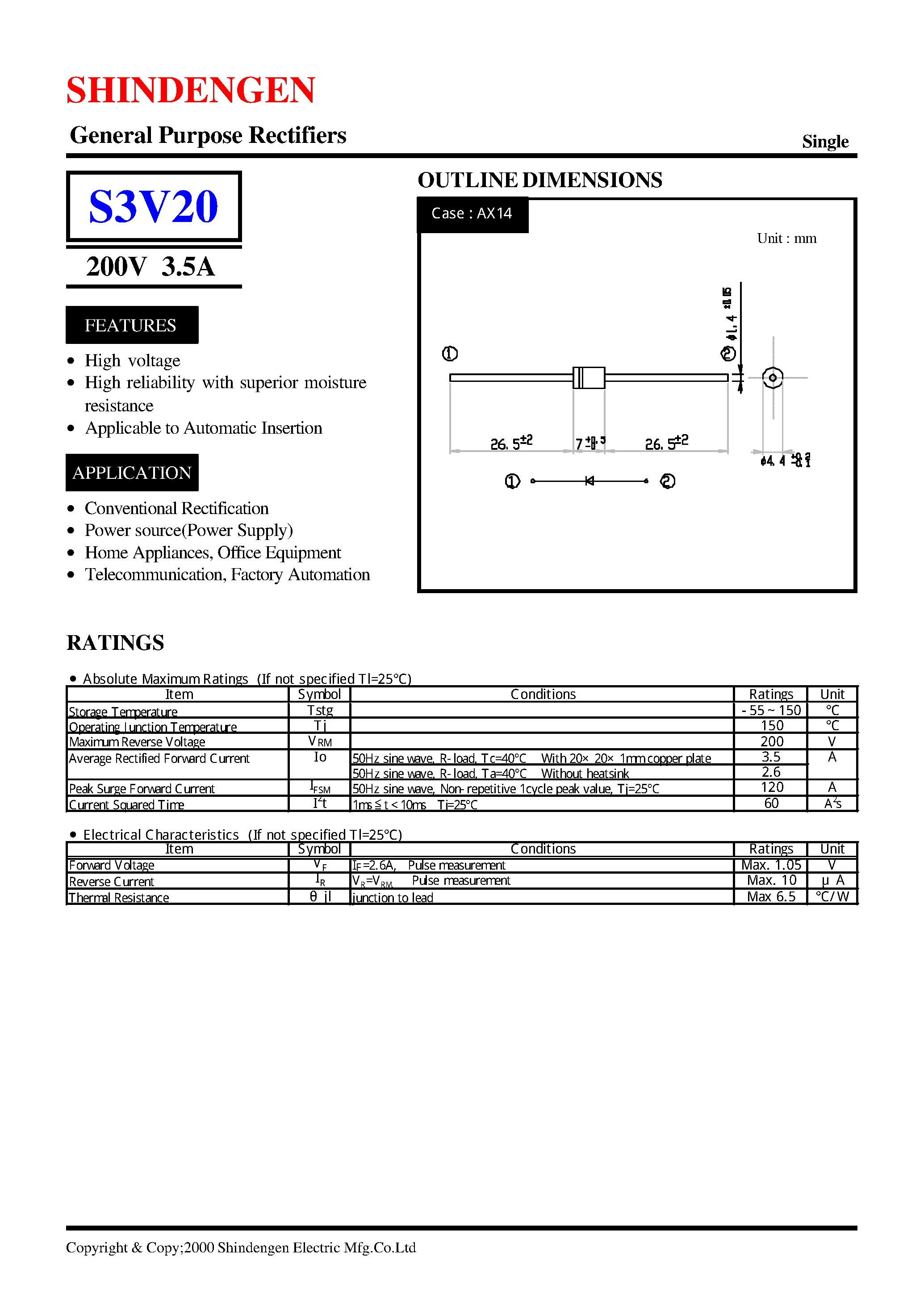 Datasheet S3V20 - General Purpose Rectifiers(200V 3.5A) page 1