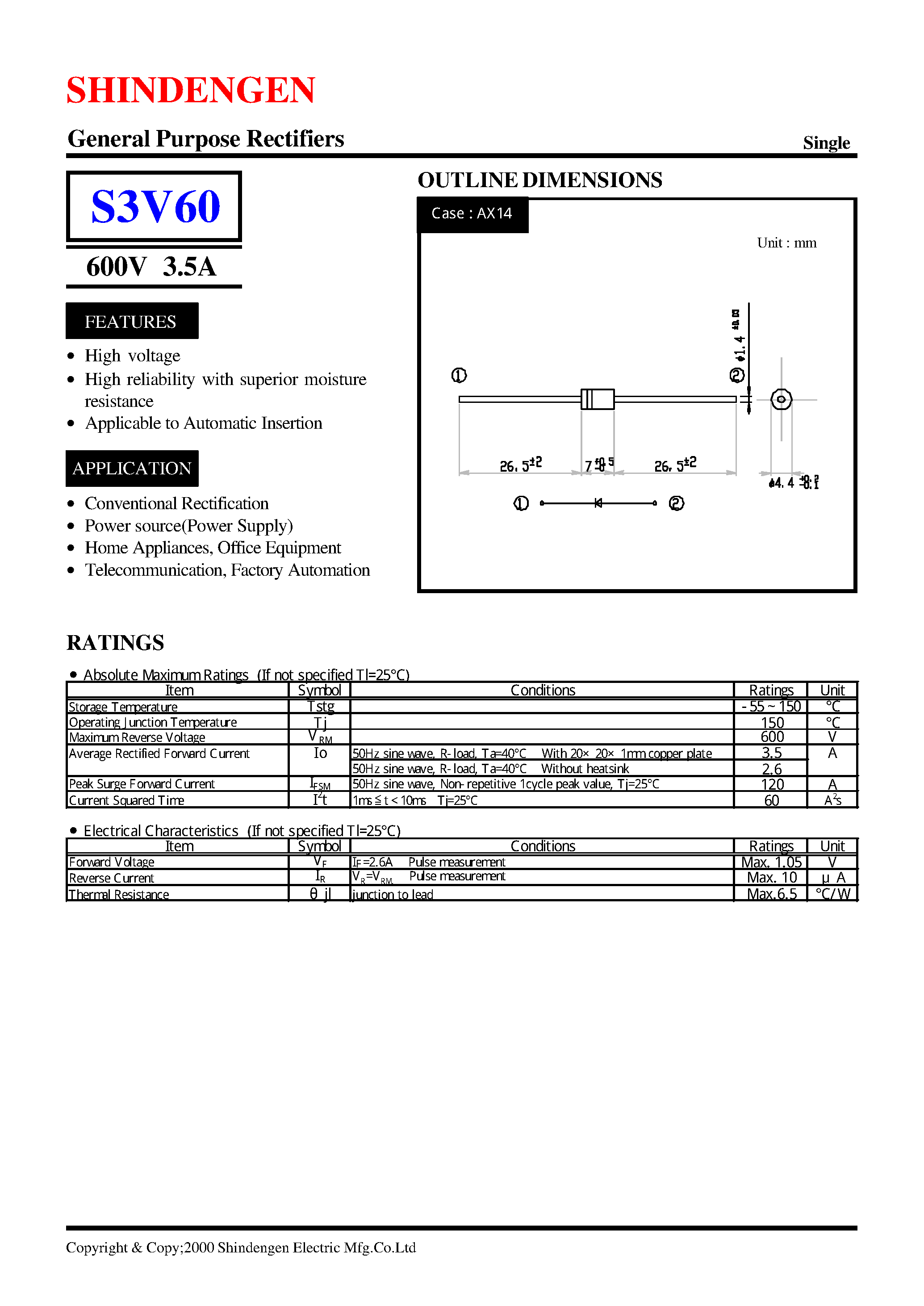 Datasheet S3V60 - General Purpose Rectifiers(600V 3.5A) page 1