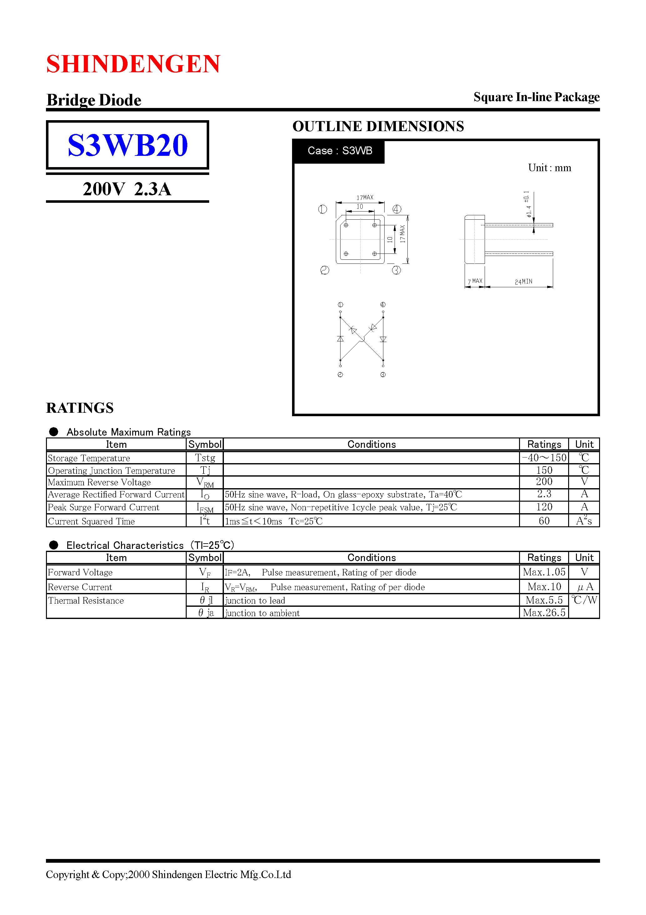 Datasheet S3WB20 - Bridge Diode(200V 2.3A) page 1