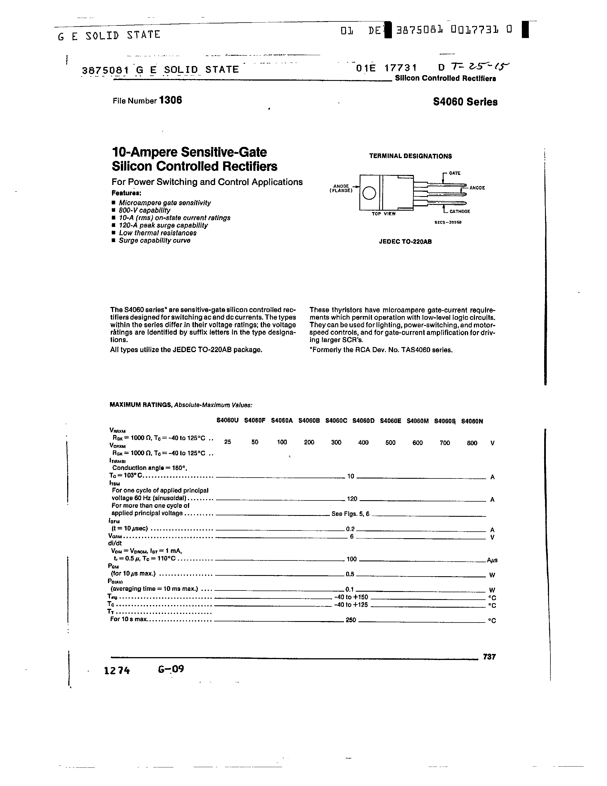 Datasheet S4060 page 1 Datasheet S4060 - 10 AMPERE SENSITIVE GATE SILICON CONTROLLED RECTIFIERS page 1