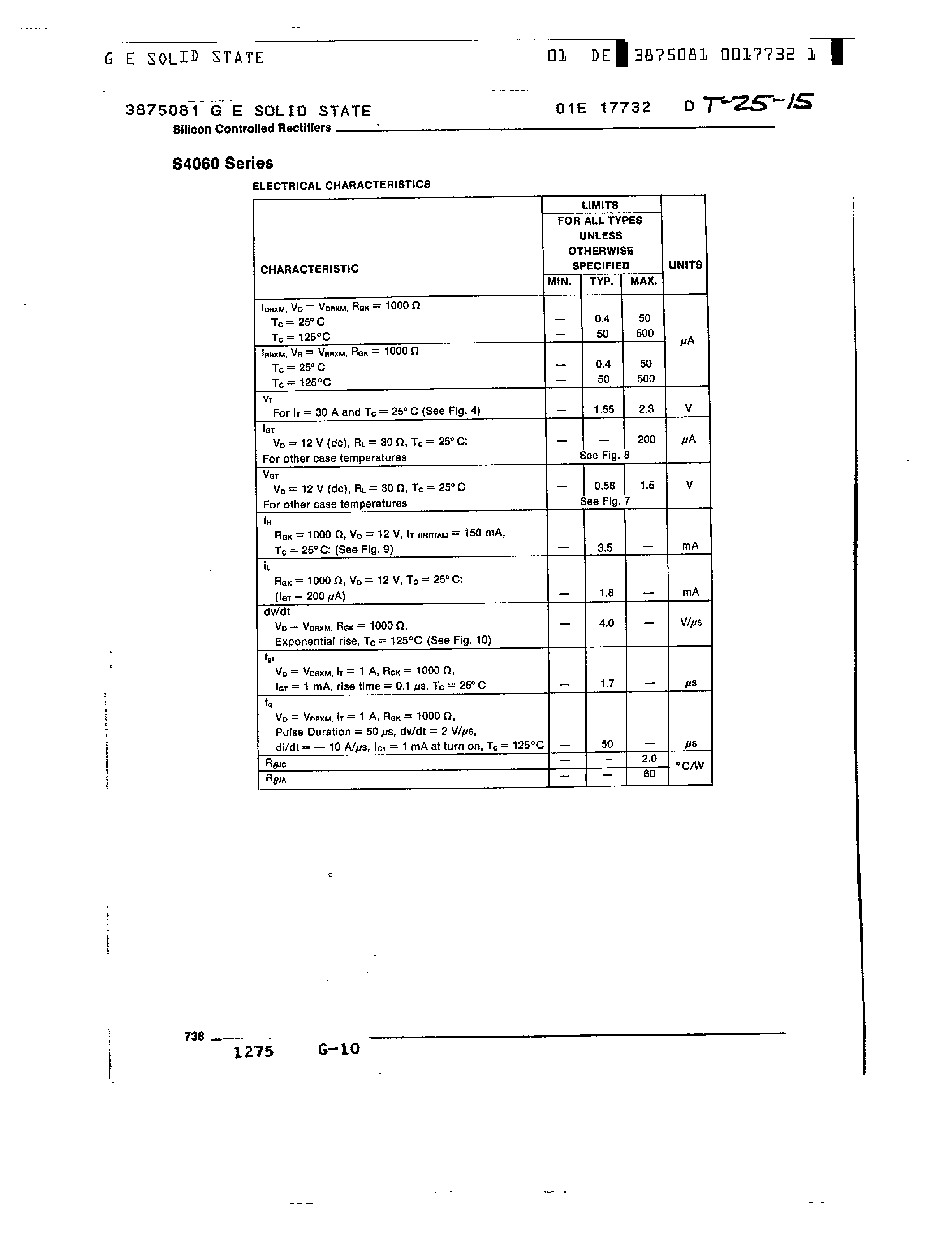 Datasheet S4060 page 2 Datasheet S4060 - 10 AMPERE SENSITIVE GATE SILICON CONTROLLED RECTIFIERS page 2