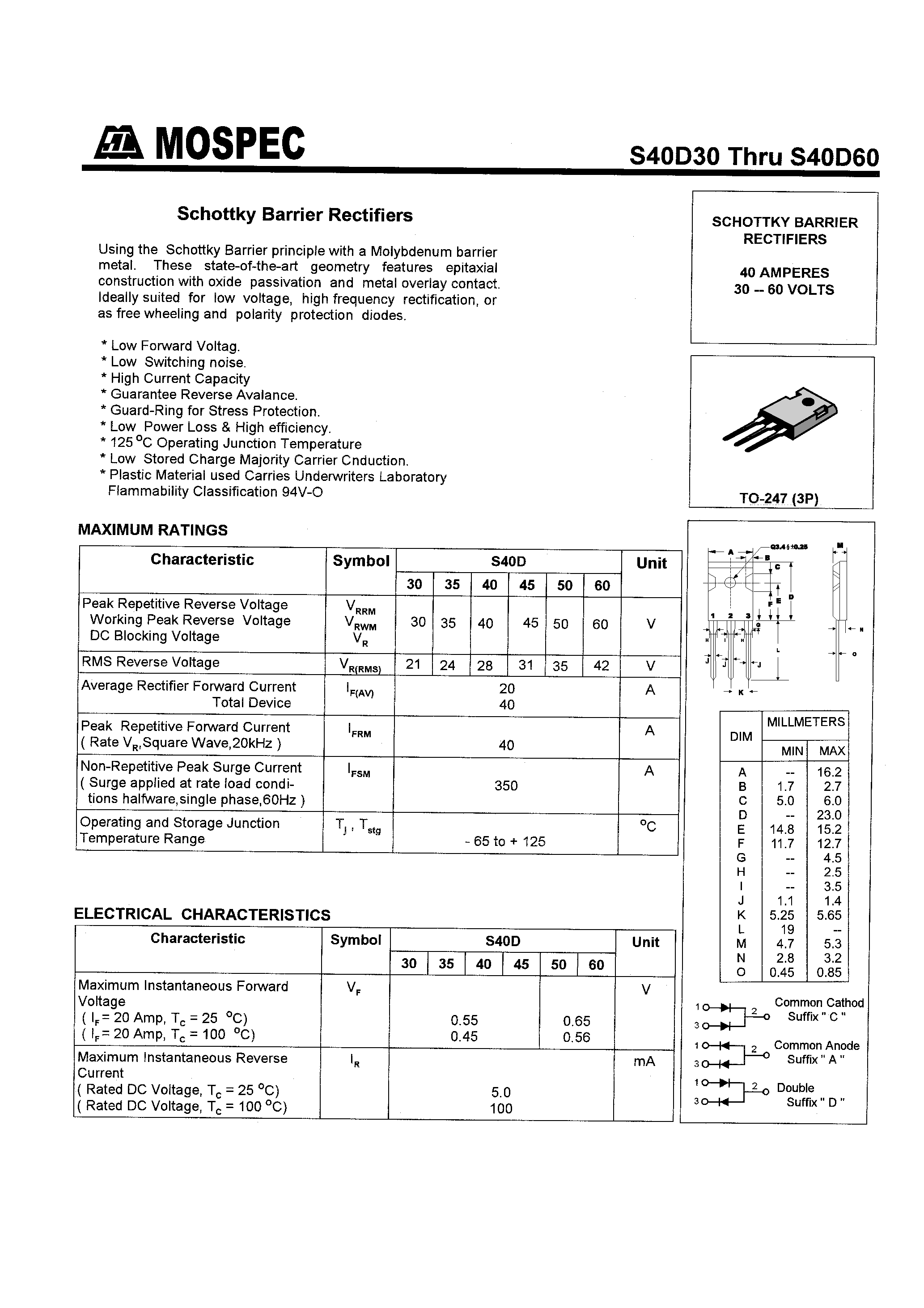 Datasheet S40D40 page 1 Datasheet S40D40 - SCHOTTKY BARRIER RECTIFIERS(40A/30-60V) page 1