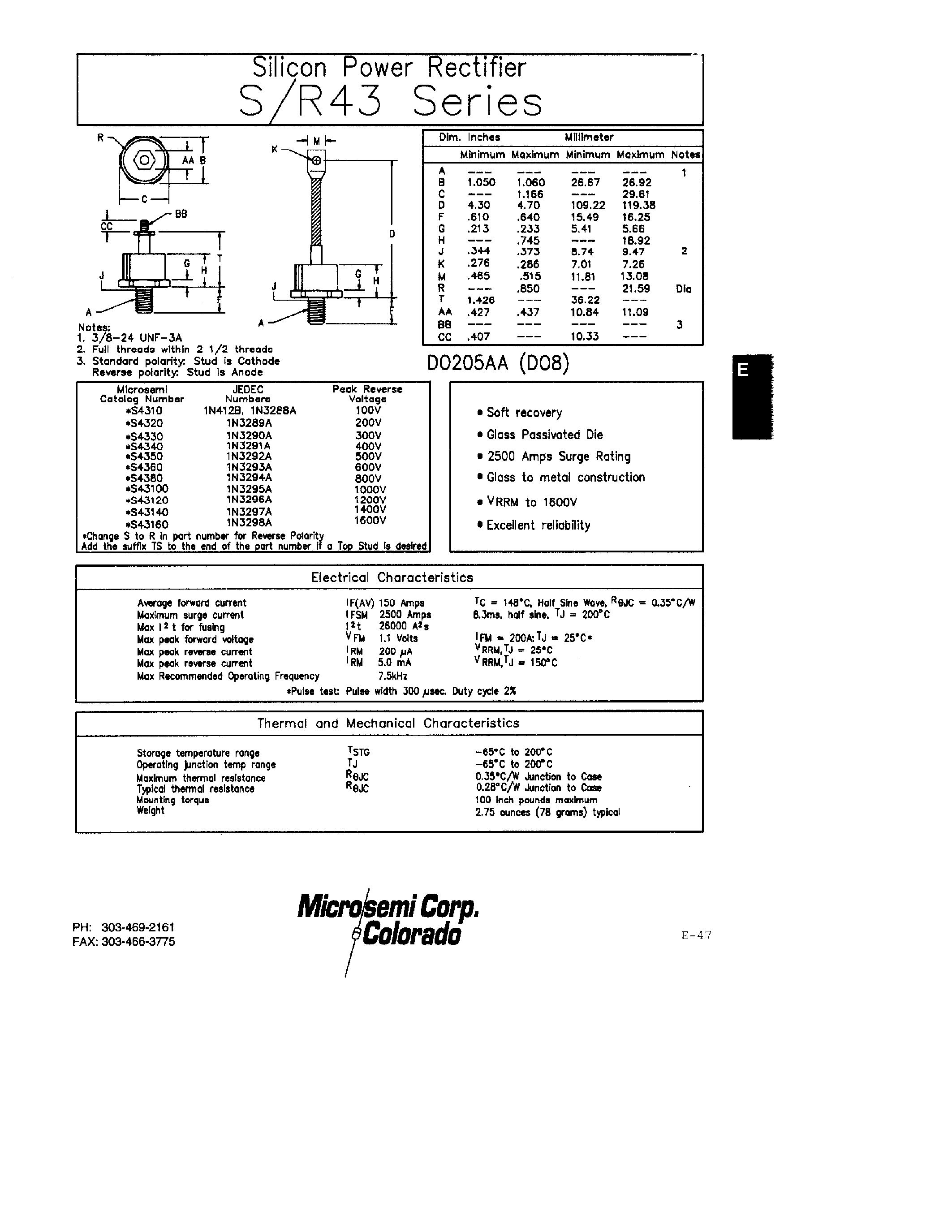 Datasheet S4340 - Silicon Power Rectifier page 1