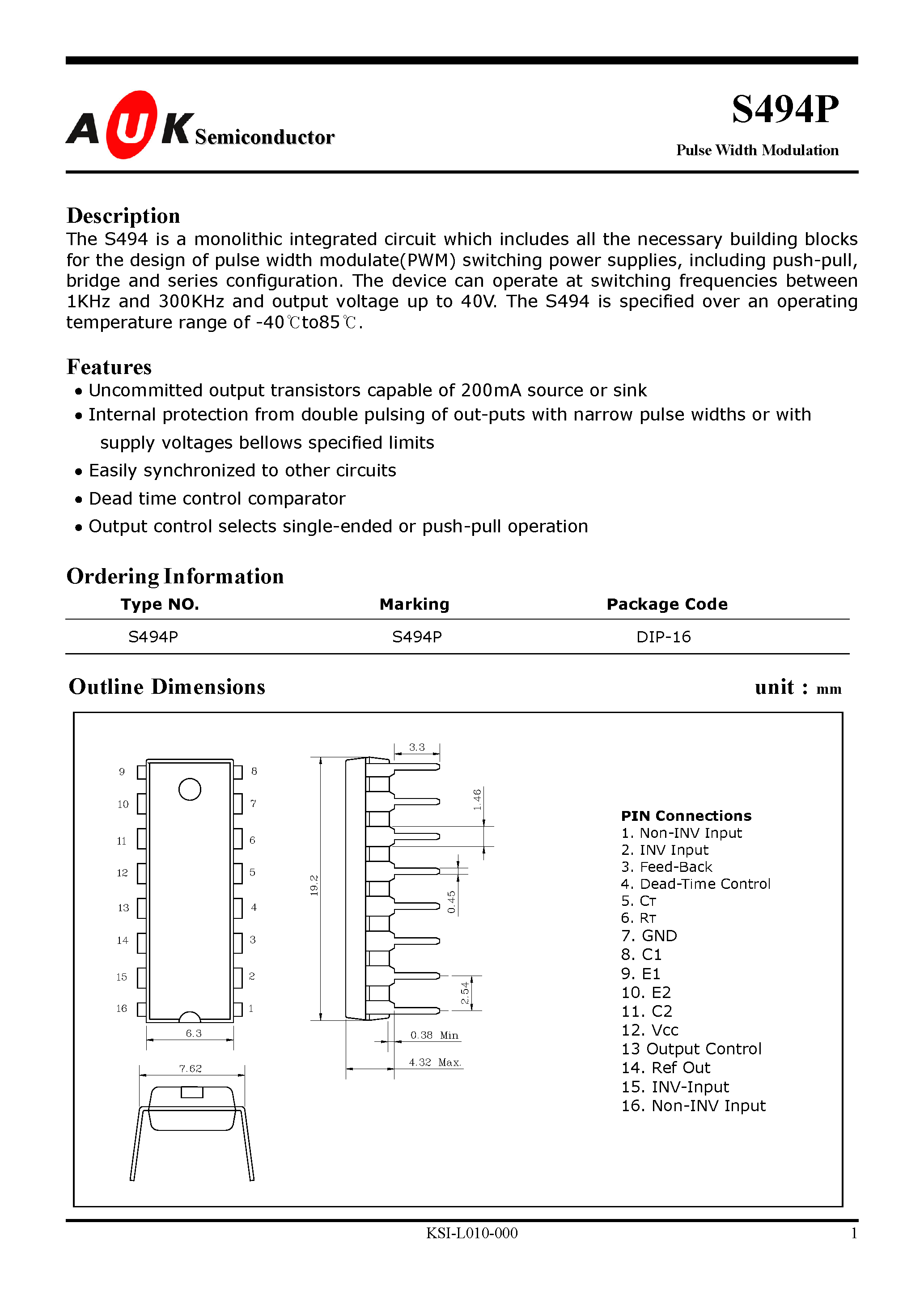 Даташит на микросхему S494P страница 1 Даташит S494P - Pulse Width Modulation страница 1