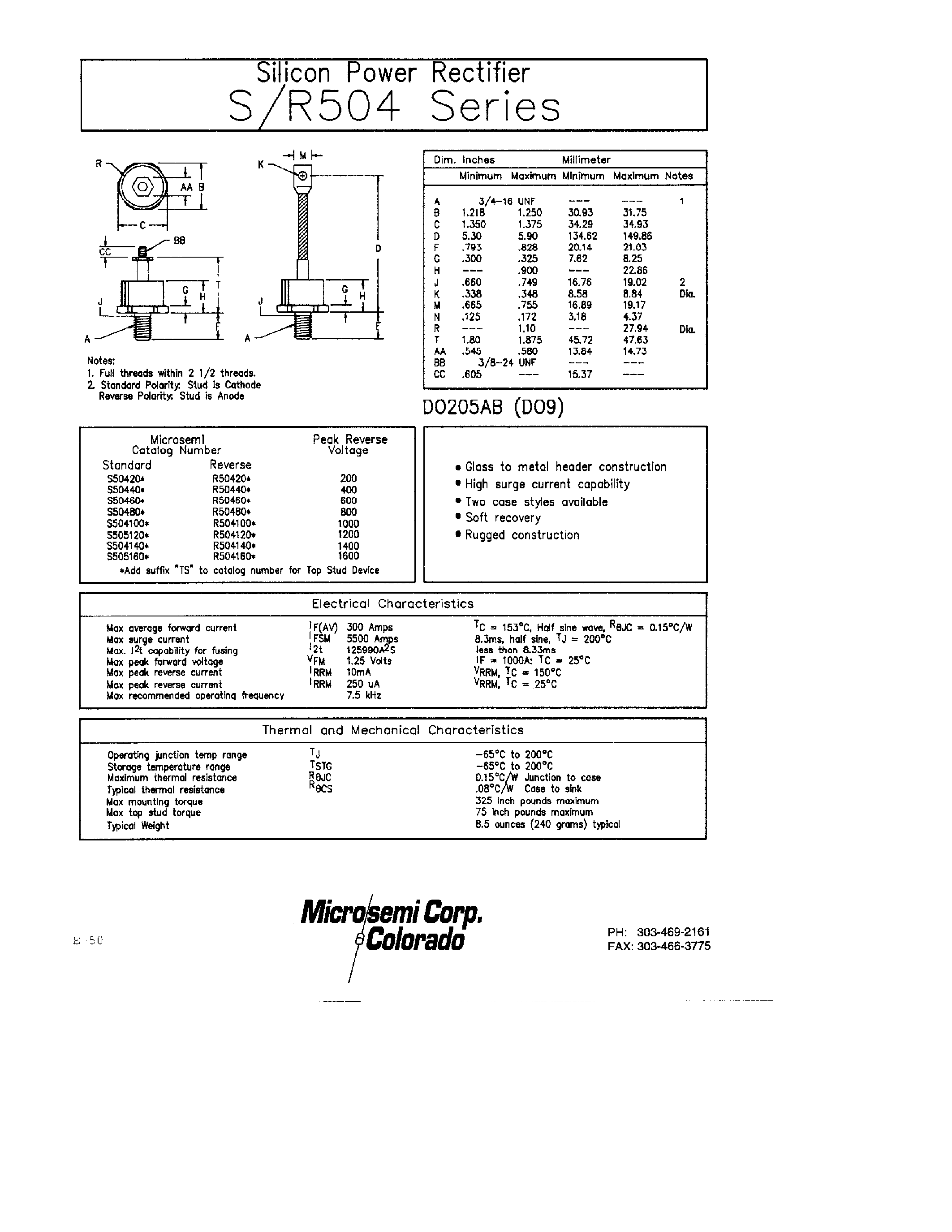 Datasheet S504120 page 1 Datasheet S504120 - Silicon Power Rectifier page 1