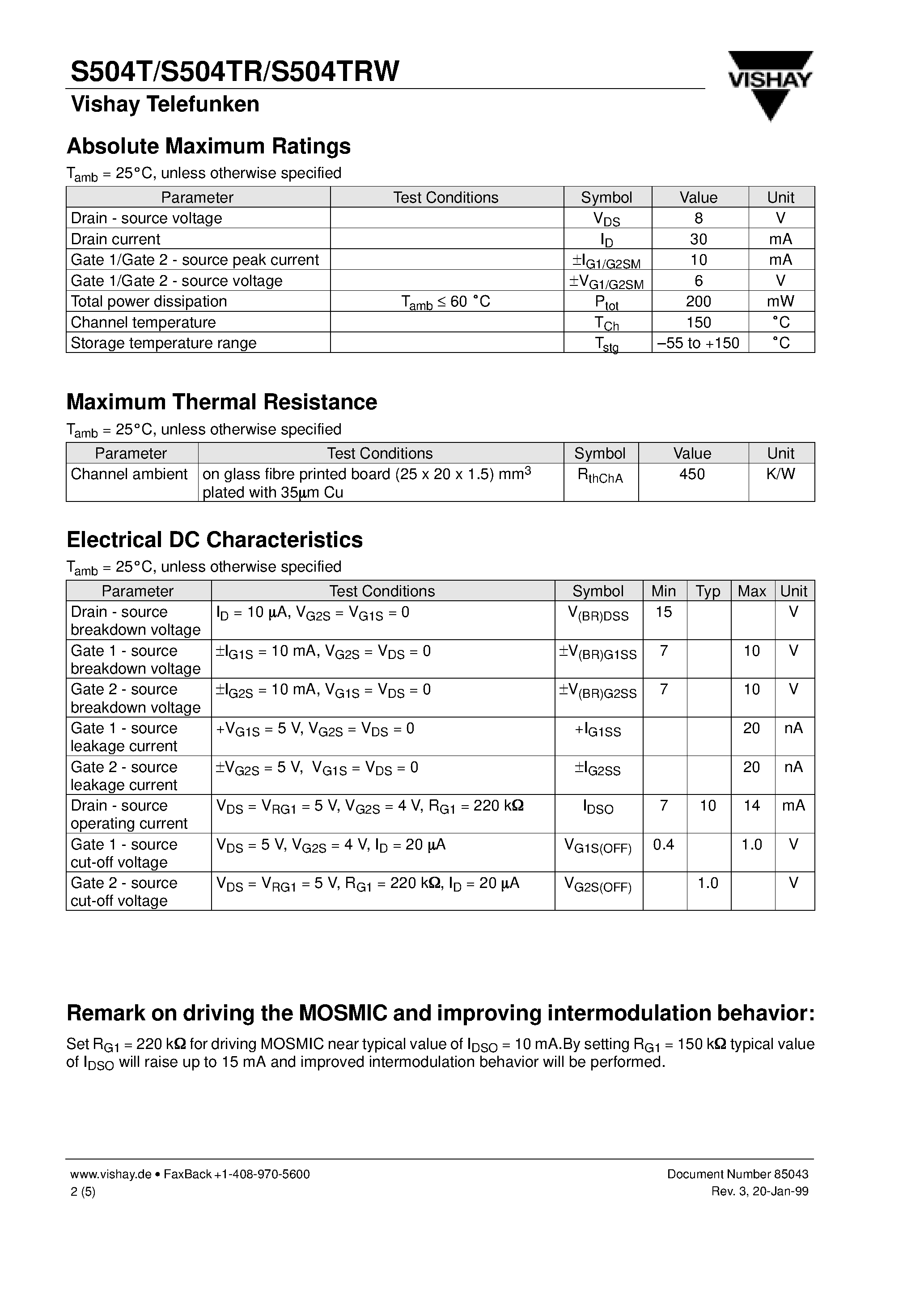 Datasheet S504TR - MOSMIC for TV-Tuner Prestage with 5 V Supply Voltage page 2