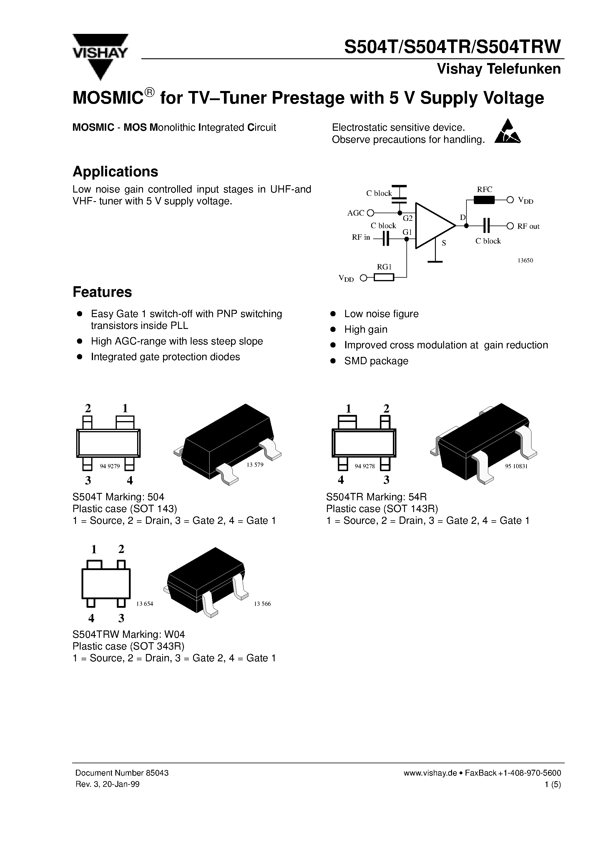 Datasheet S504TRW - MOSMIC for TV-Tuner Prestage with 5 V Supply Voltage page 1