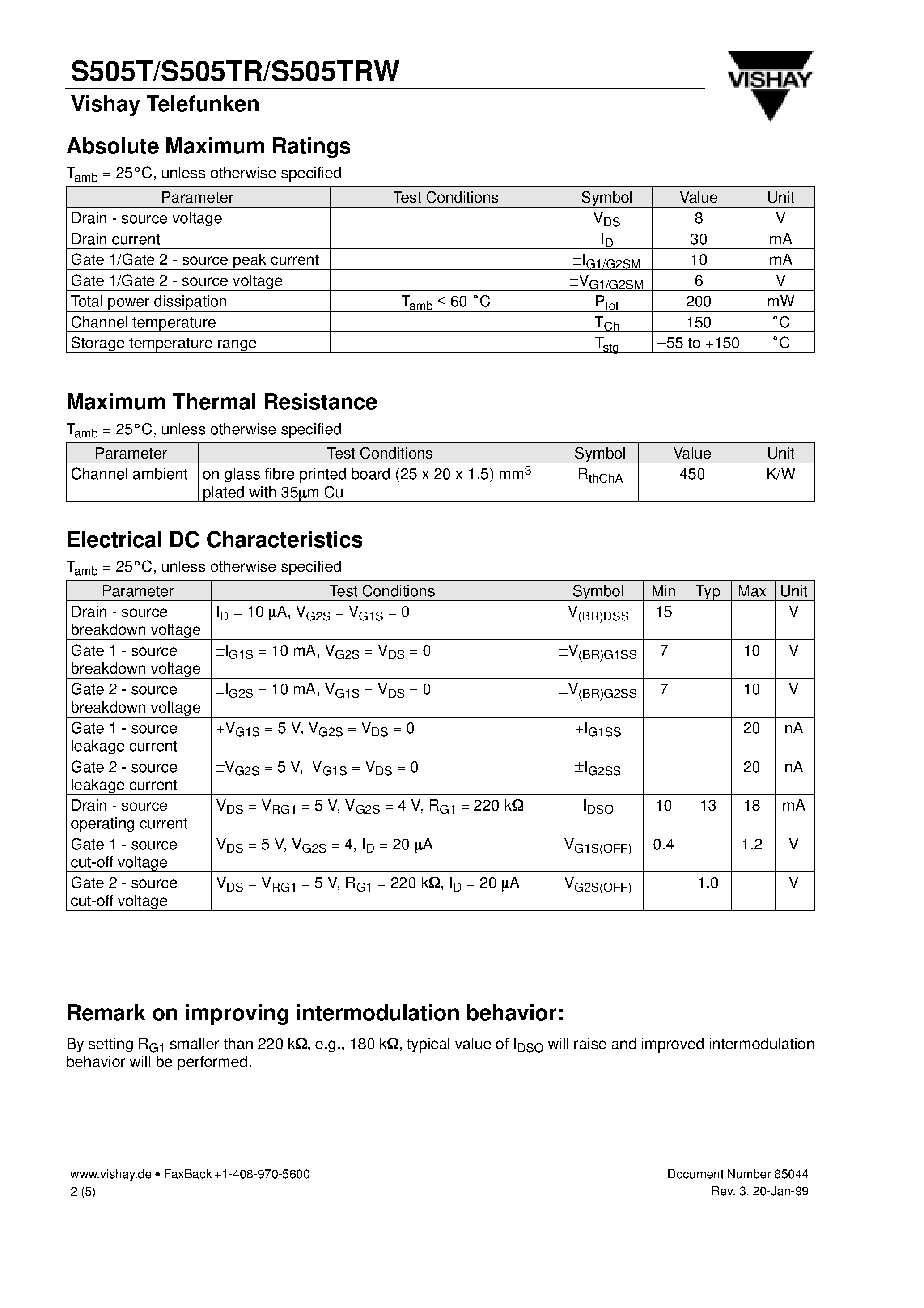 Datasheet S505 - MOSMIC for TV-Tuner Prestage with 5 V Supply Voltage page 2