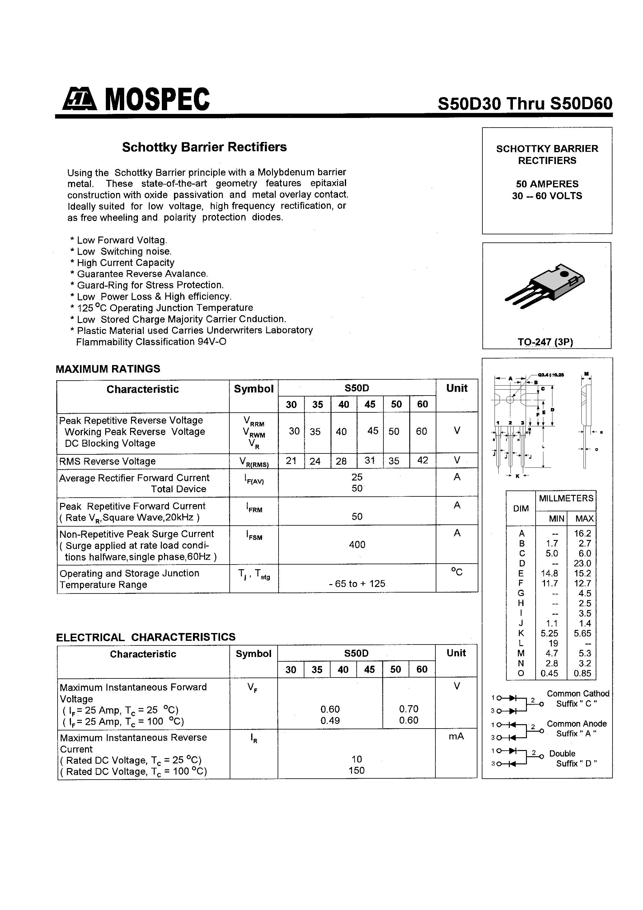 Datasheet S50D50 page 1 Datasheet S50D50 - SCHOTTKY BARRIER RECTIFIERS(50A/30-60V) page 1