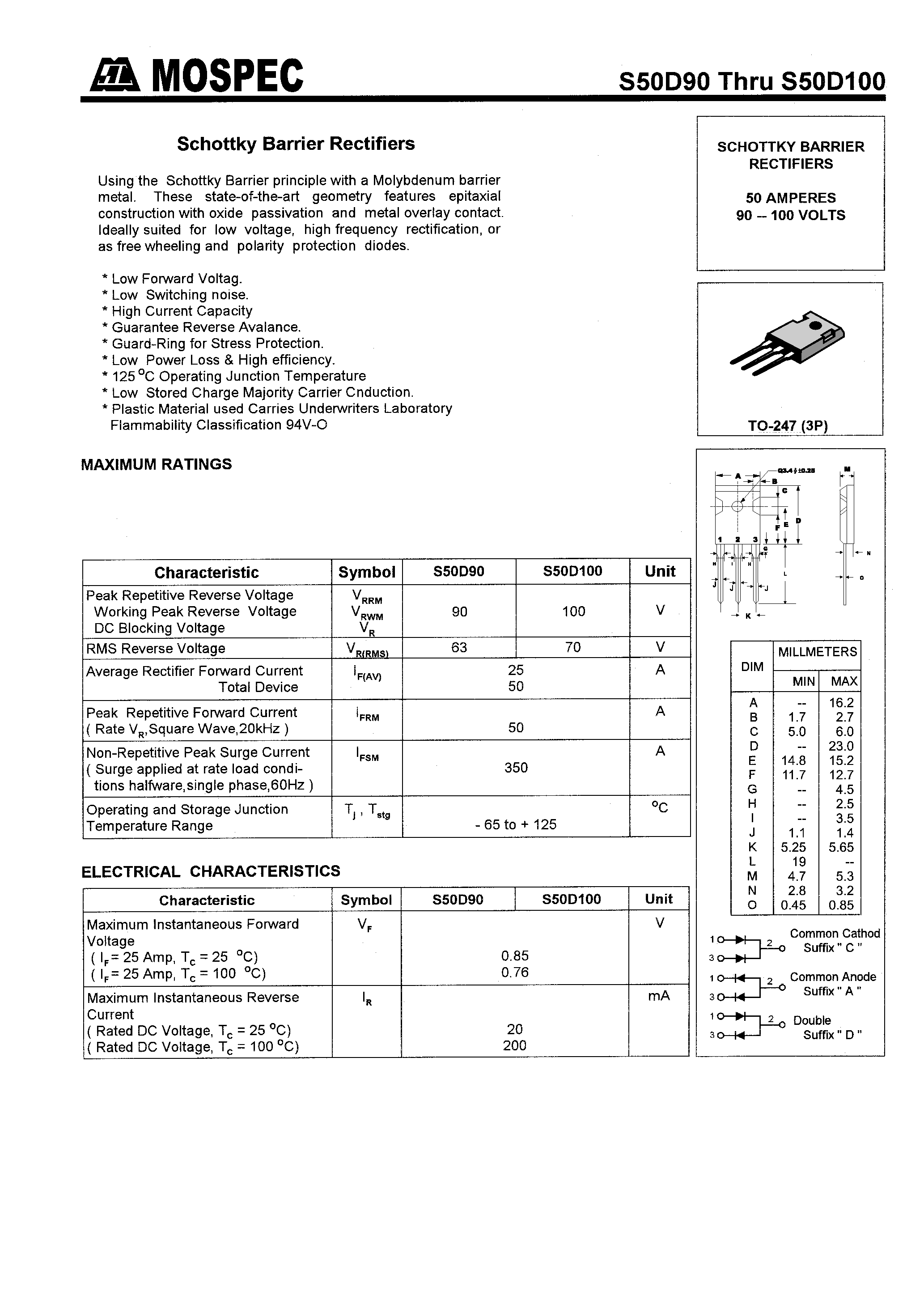 Datasheet S50D90 page 1 Datasheet S50D90 - SCHOTTKY BARRIER RECTIFIERS(50A/90-100V) page 1
