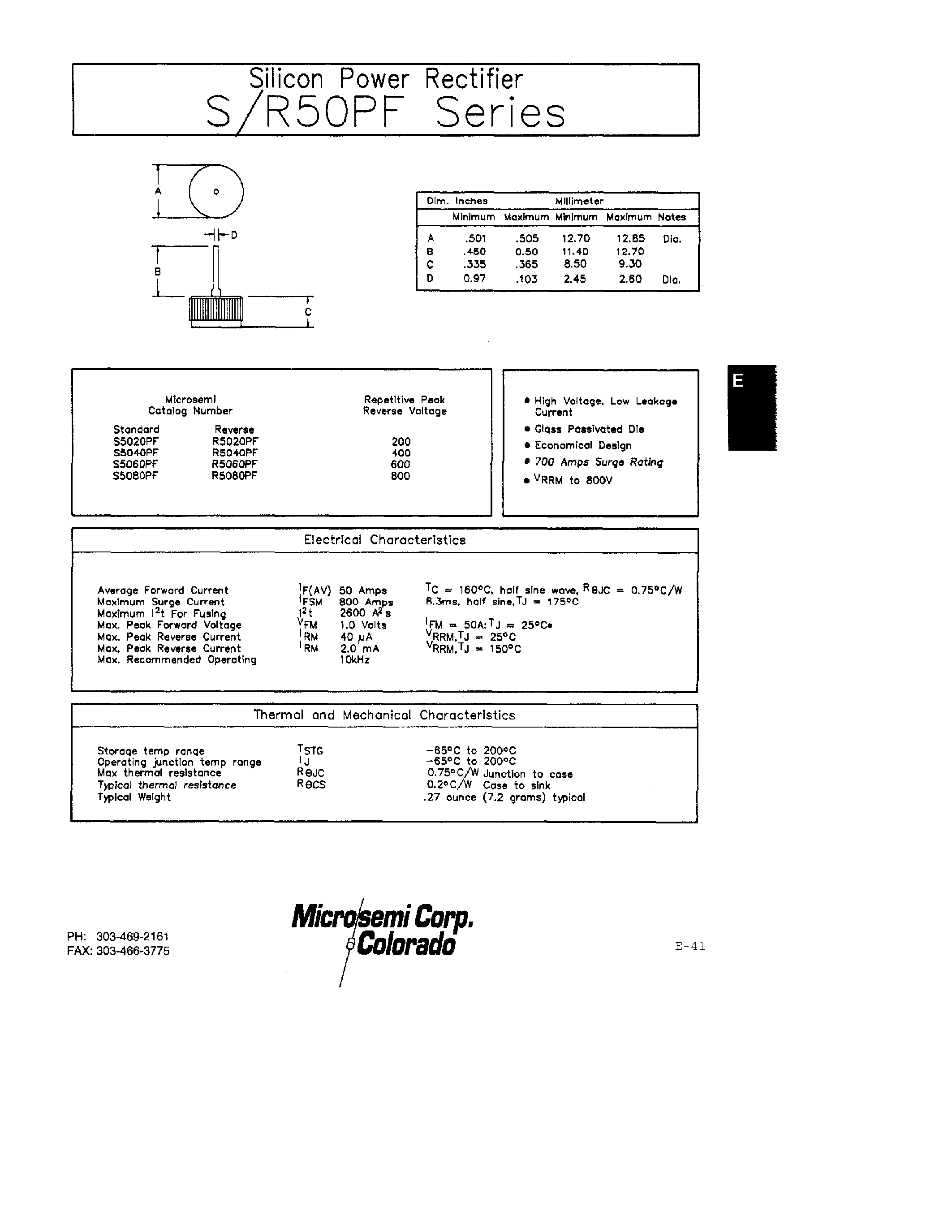 Datasheet S50PF page 1 Datasheet S50PF - Silicon Power Rectifier page 1
