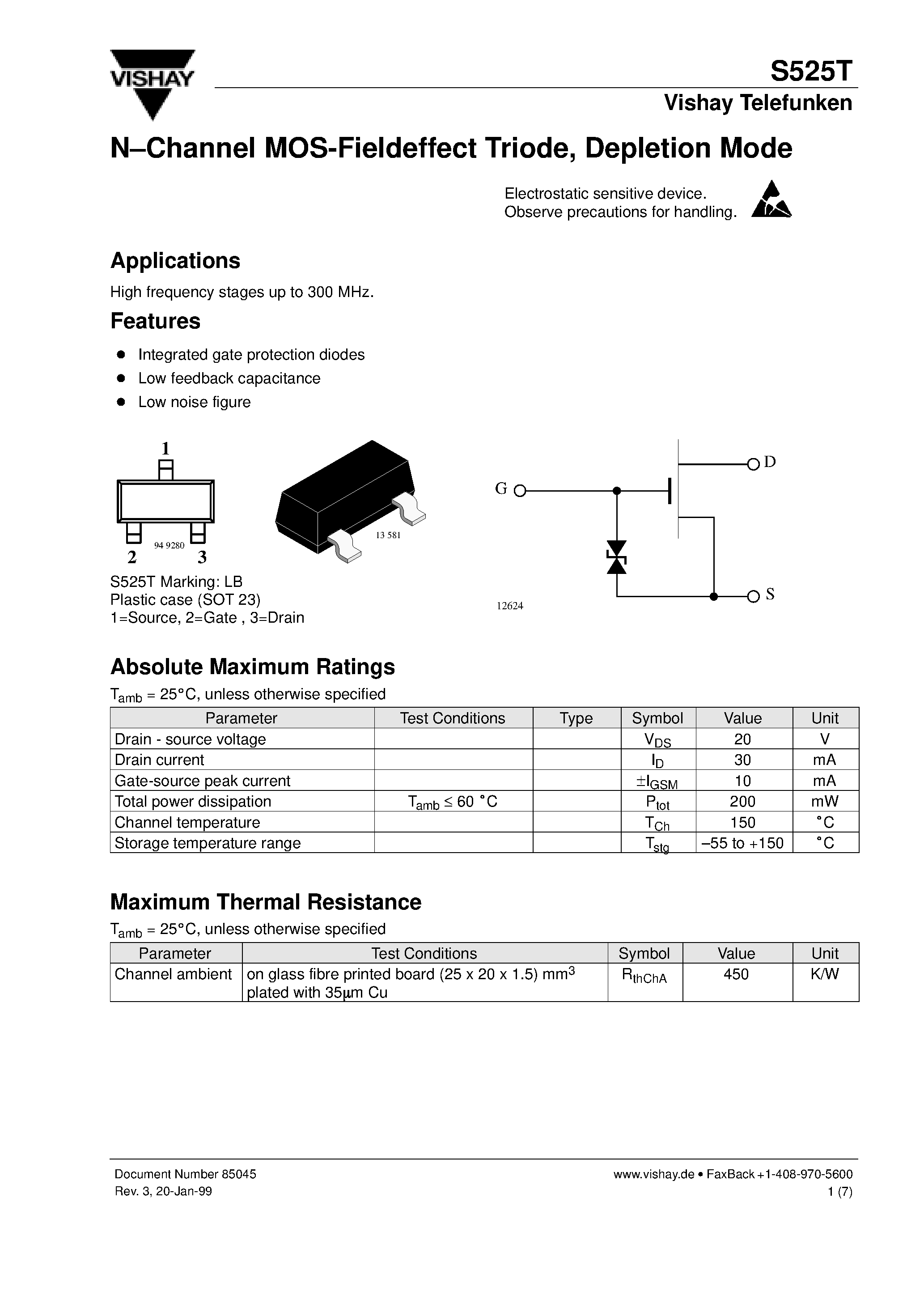 Datasheet S525T - N-Channel MOS-Fieldeffect Triode/ Depletion Mode page 1