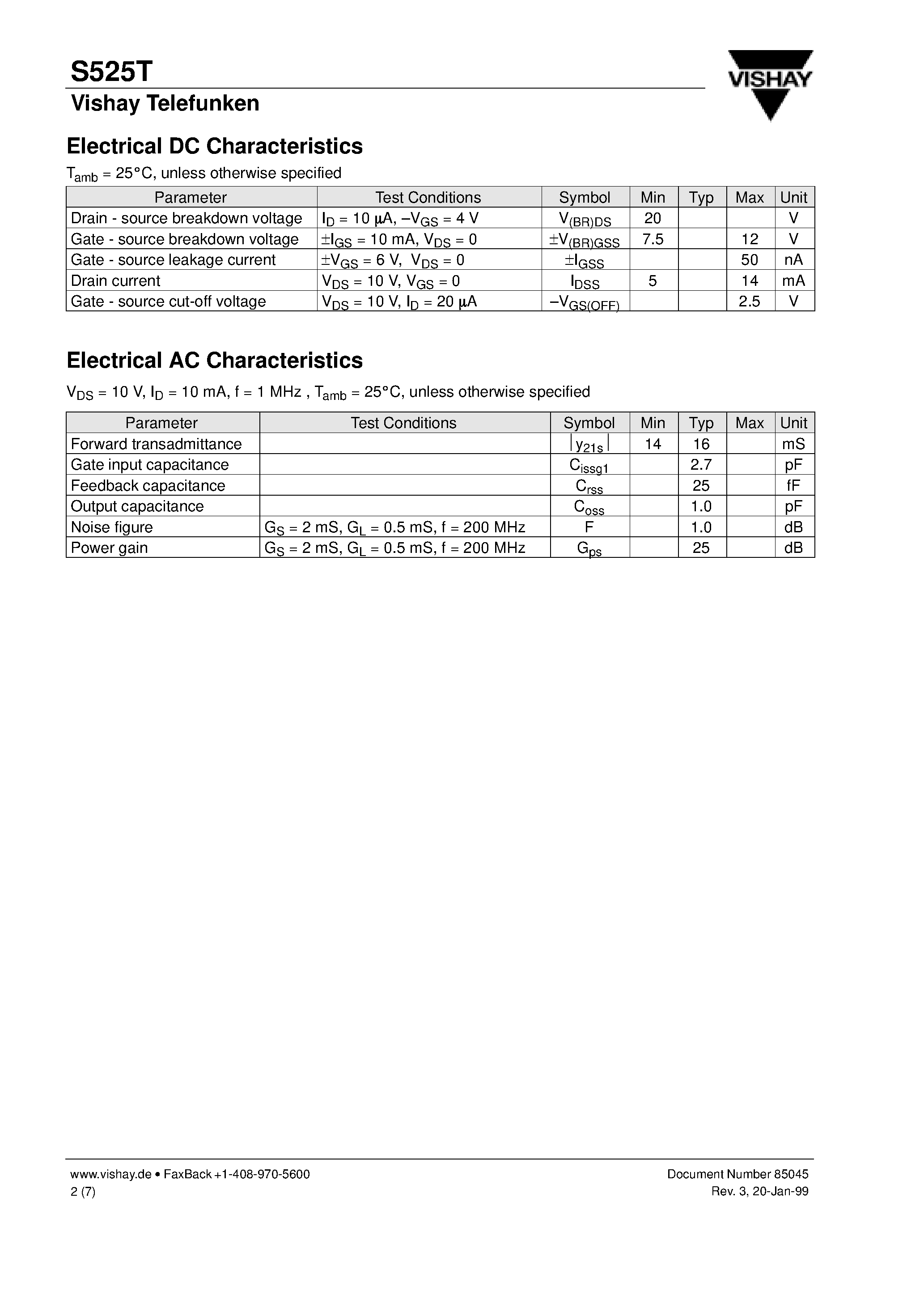 Datasheet S525T - N-Channel MOS-Fieldeffect Triode/ Depletion Mode page 2