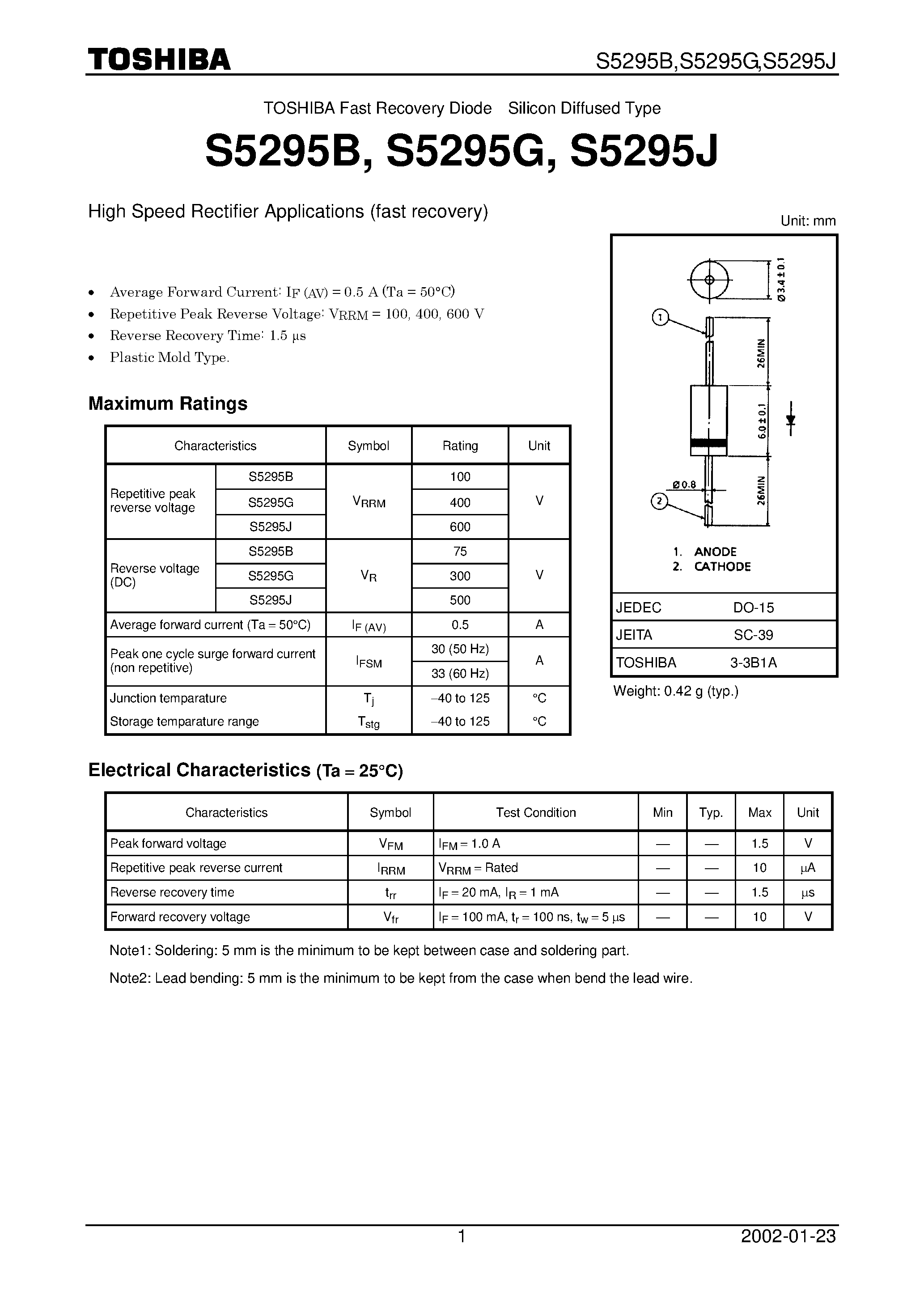 Datasheet S5295B page 1 Datasheet S5295B - High Speed Rectifier Applications (fast recovery) page 1