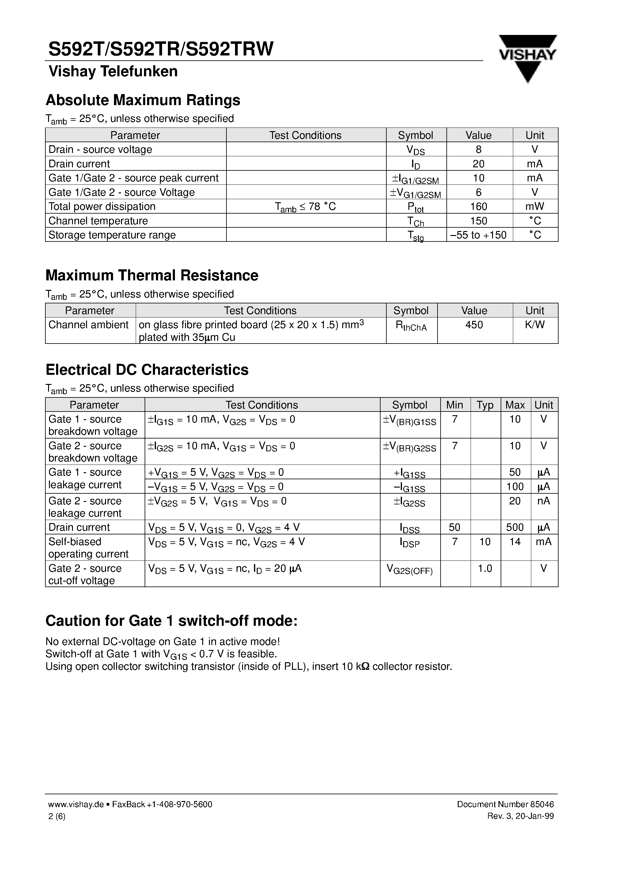 Datasheet S592TR - MOSMIC for TV-Tuner Prestage with 5 V Supply Voltage page 2