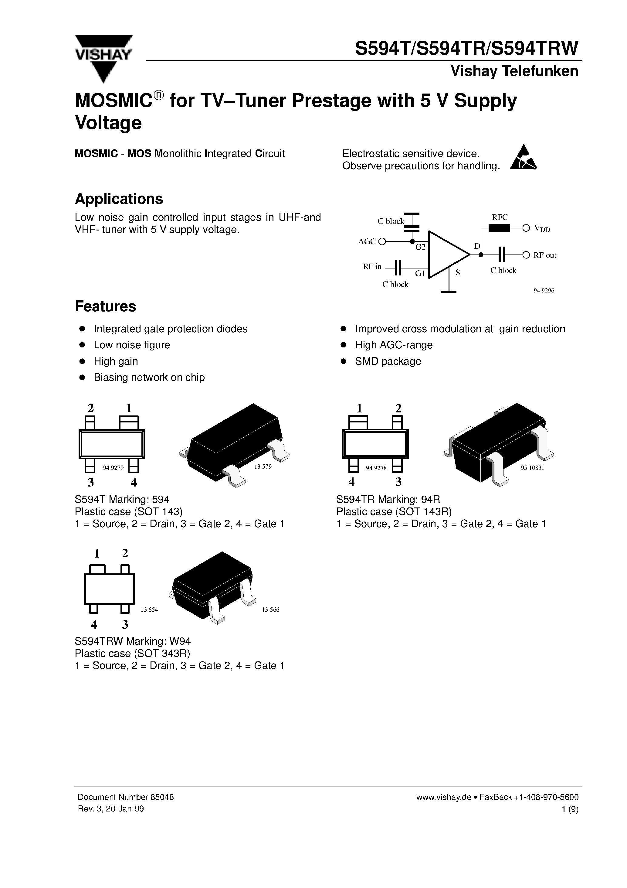 Datasheet S594TR - MOSMIC for TV-Tuner Prestage with 5 V Supply Voltage page 1