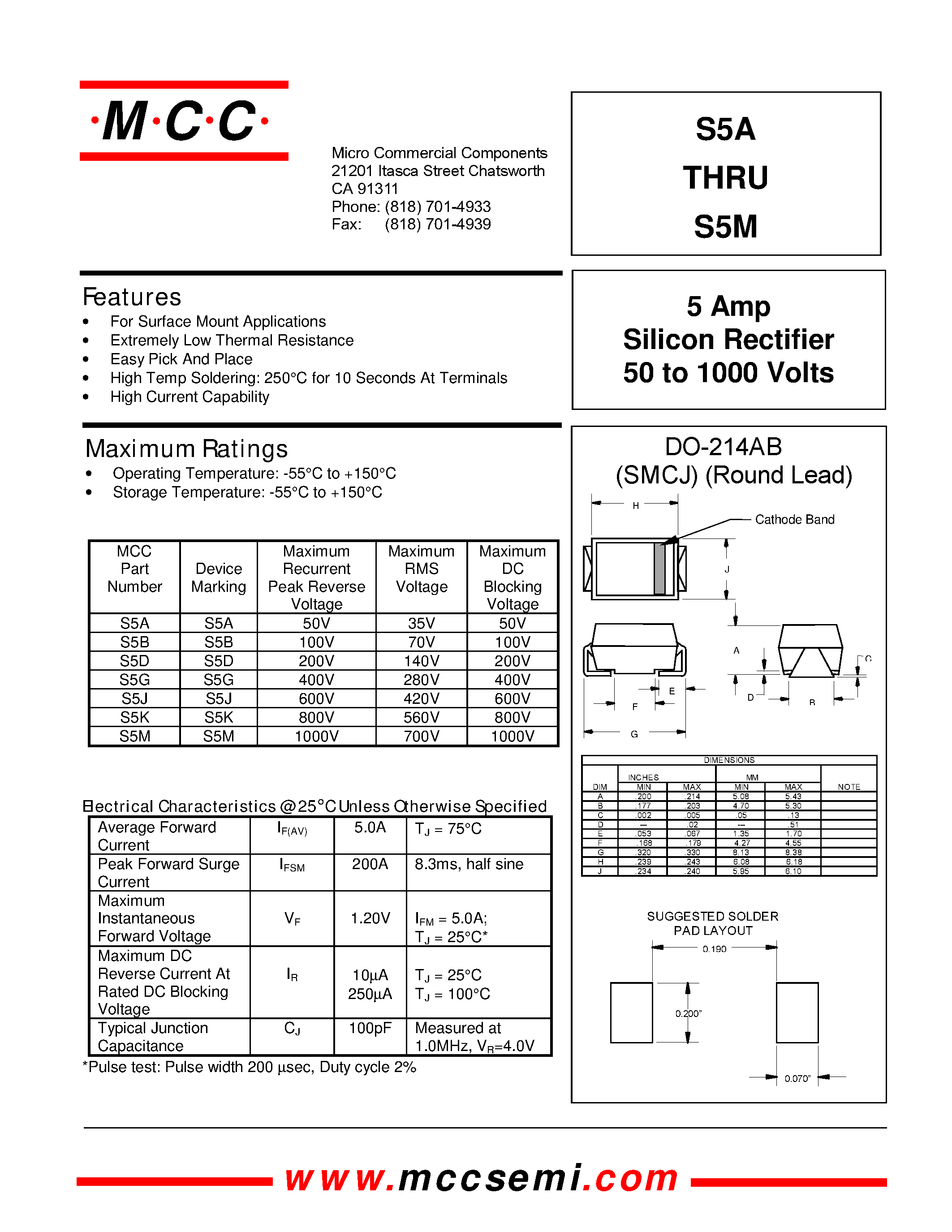 Datasheet S5D - 5 Amp Silicon Rectifier 50 to 1000 Volts page 1