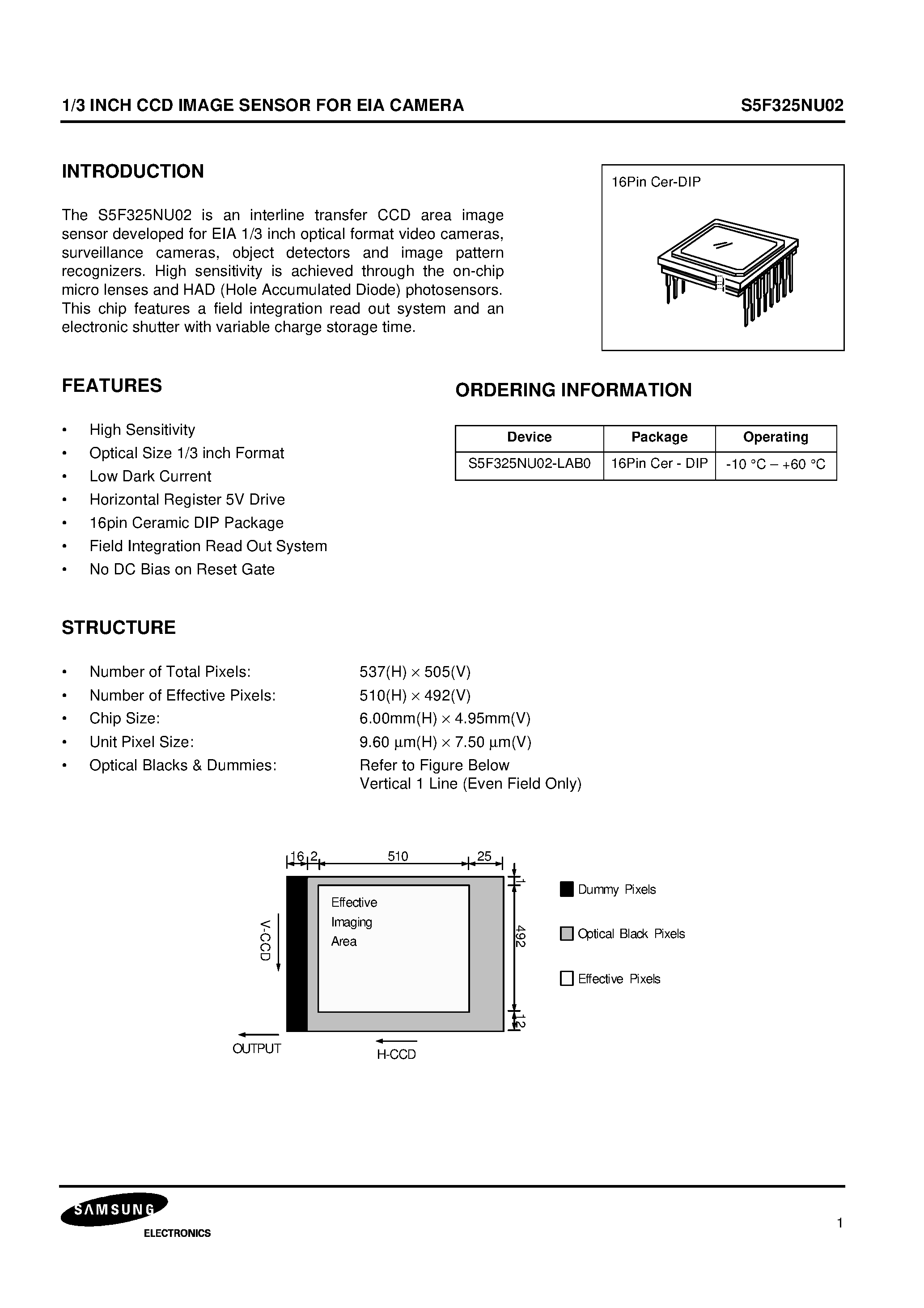 Datasheet S5F325NU02 page 1 Datasheet S5F325NU02 - 1/3 INCH CCD IMAGE SENSOR FOR EIA CAMERA page 1