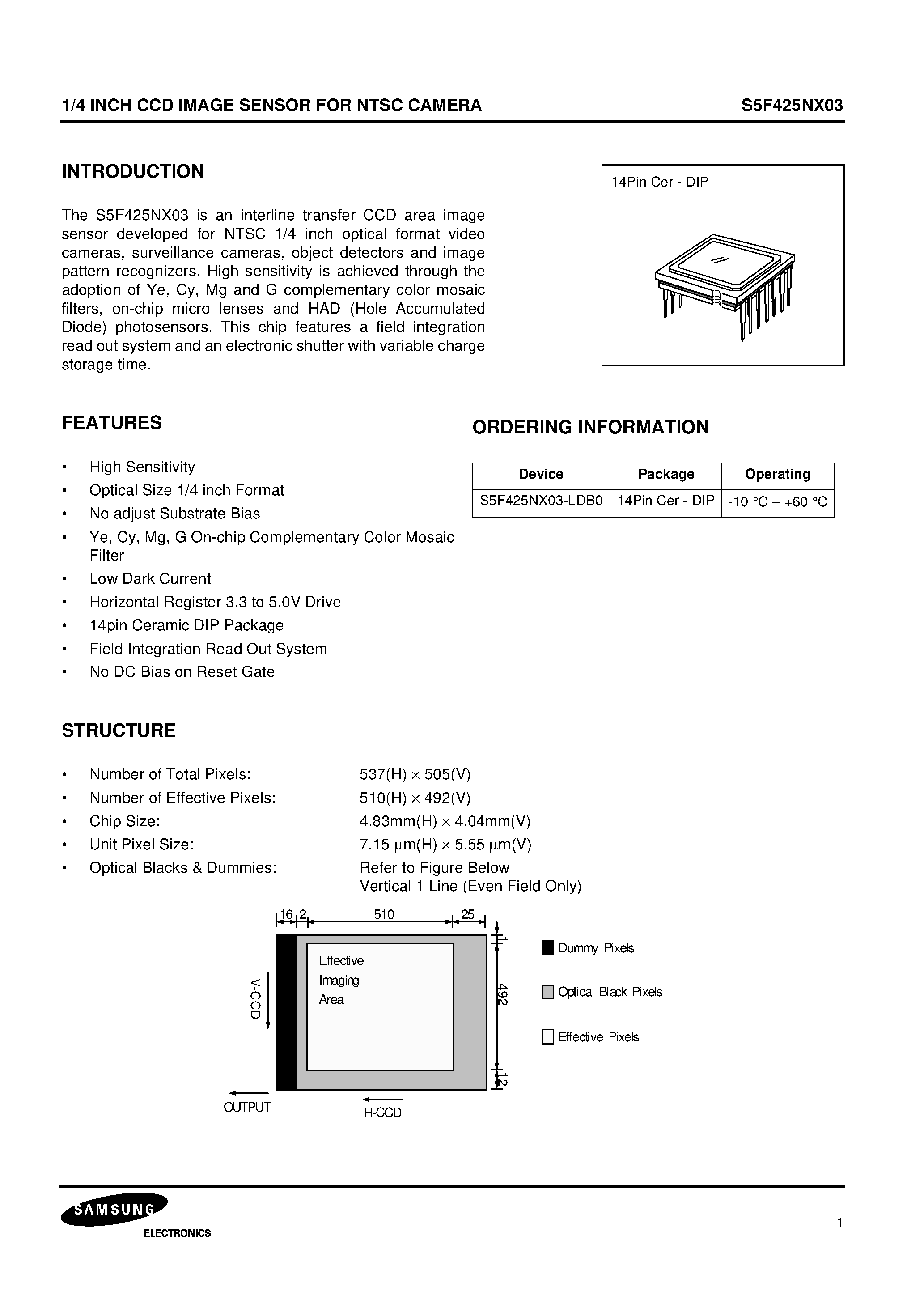 Datasheet S5F425NX03-LDB0 - 1/4 INCH CCD IMAGE SENSOR FOR NTSC CAMERA page 1