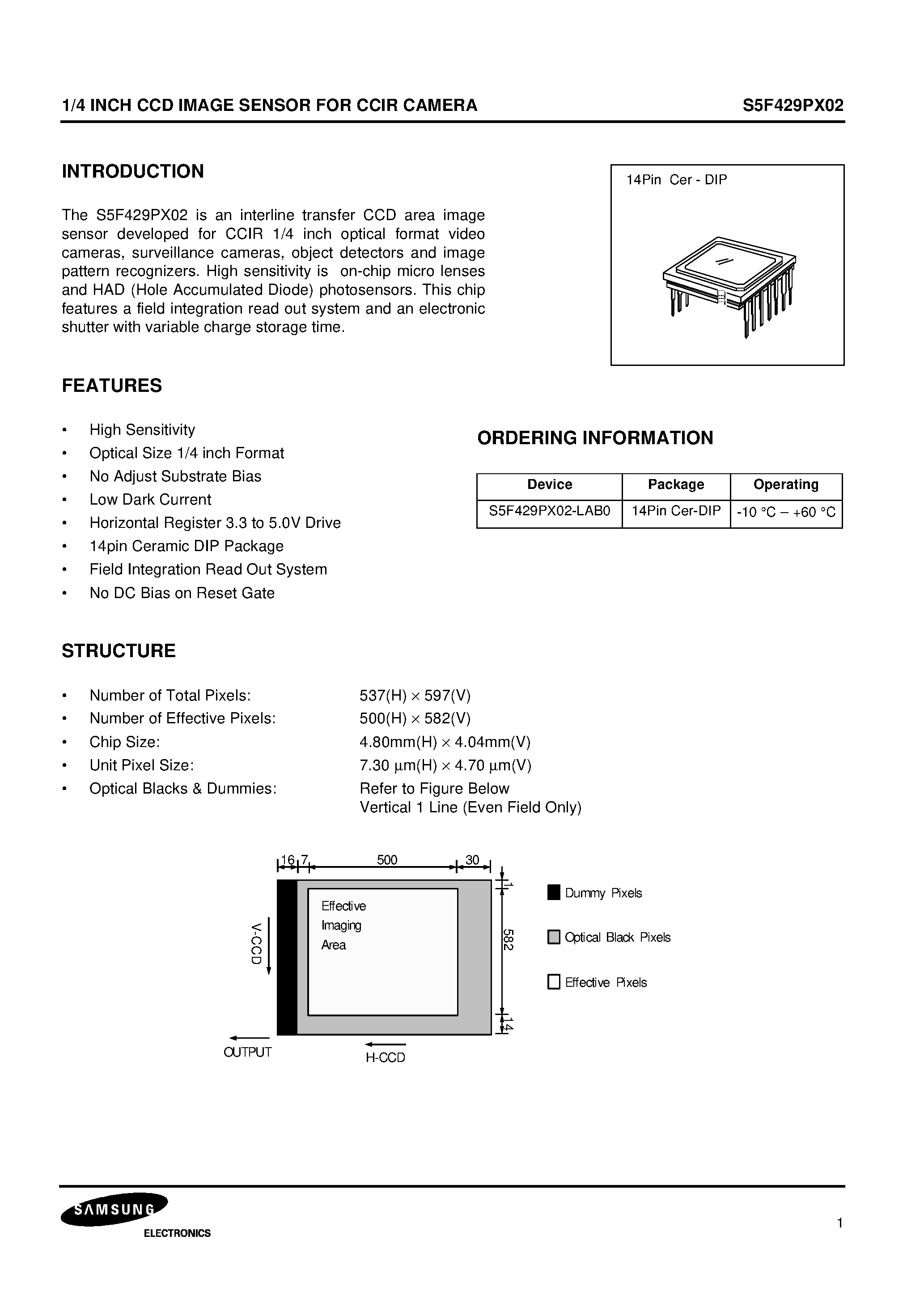Datasheet S5F429PX02 - 1/4 INCH CCD IMAGE SENSOR FOR CCIR CAMERA page 1